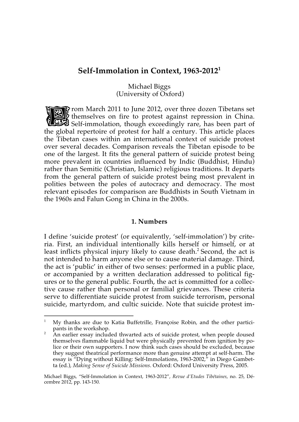 Self-Immolation in Context, 1963-20121