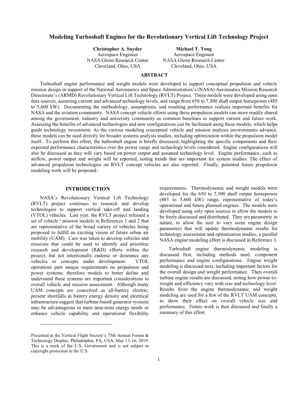 Modeling Turboshaft Engines for the Revolutionary Vertical Lift Technology Project