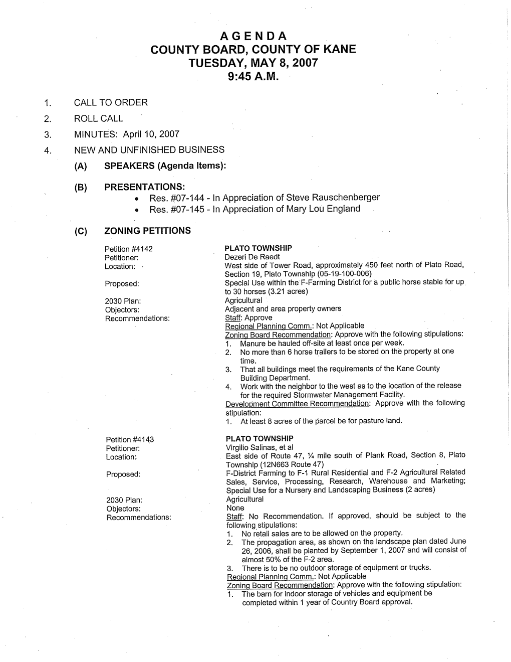 Agenda County Board, County of Kane Tuesday, May 8, 2007 9:45 A.M