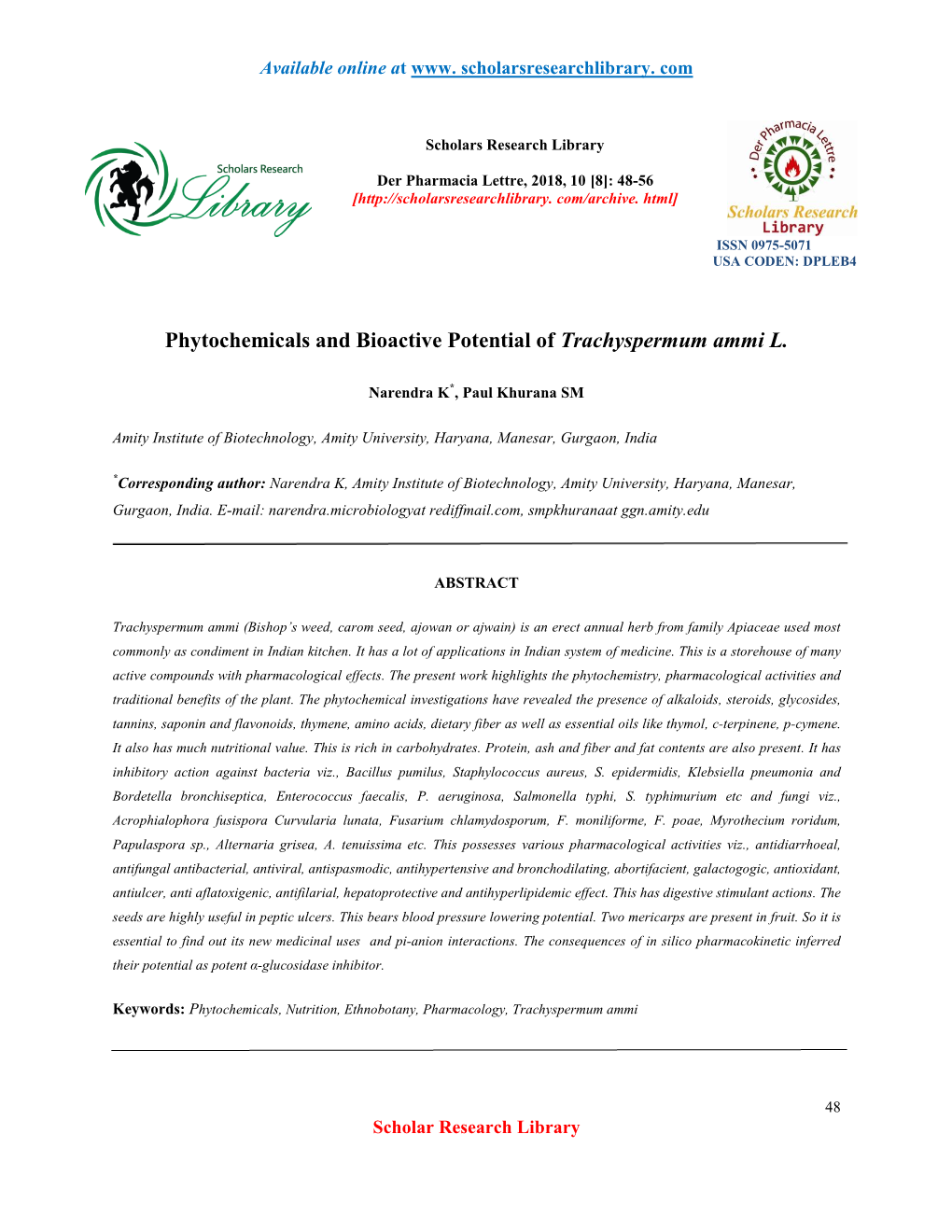 Phytochemicals and Bioactive Potential of Trachyspermum Ammi L