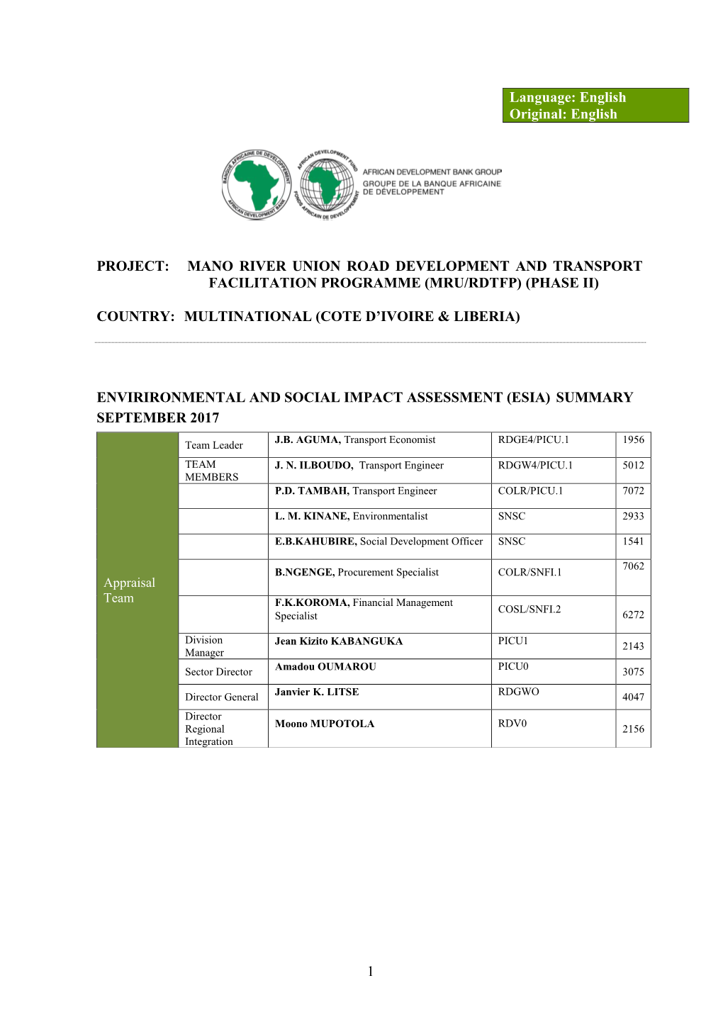 Mano River Union Road Development and Transport Facilitation Programme (Mru/Rdtfp) (Phase Ii)