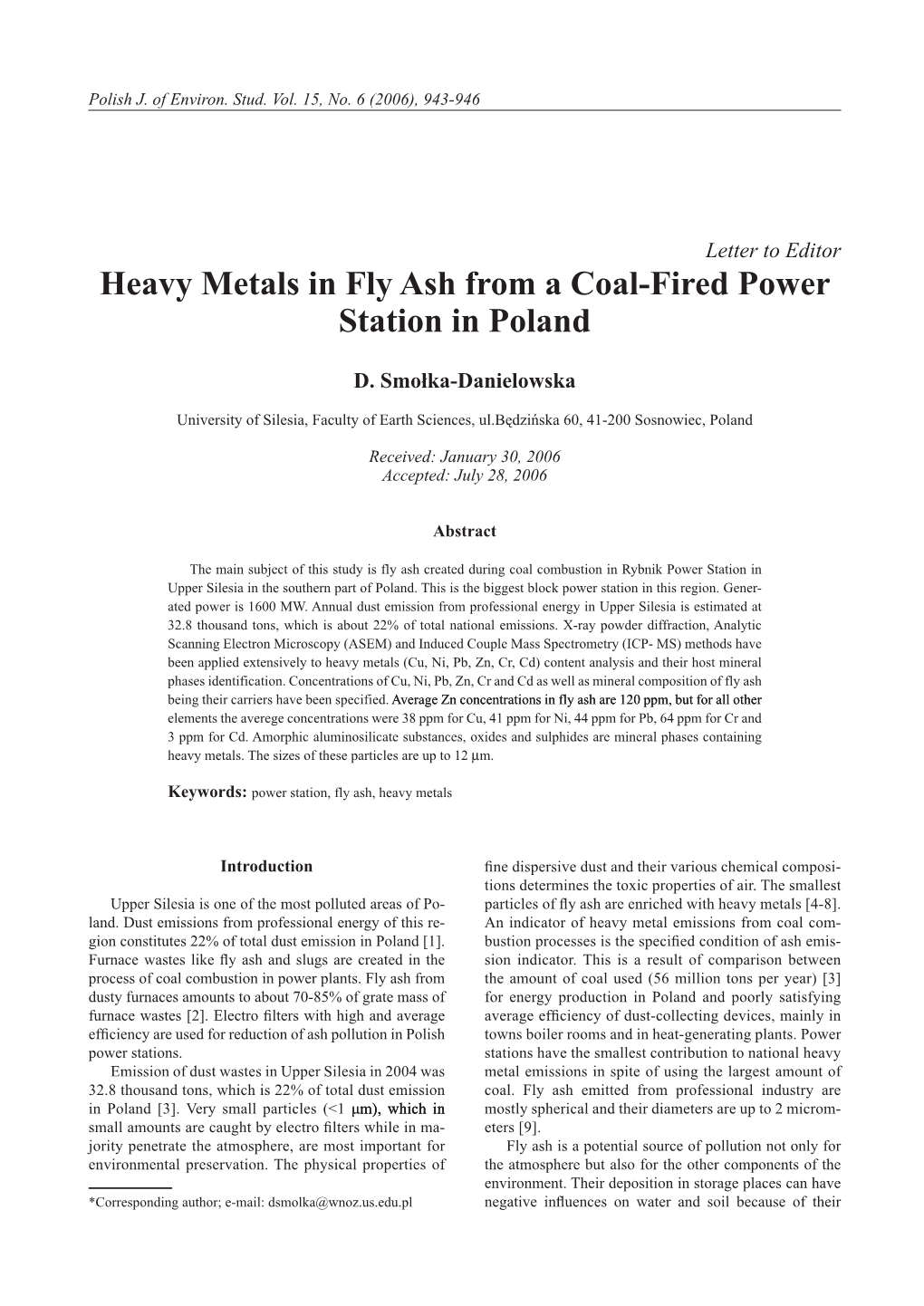 Heavy Metals in Fly Ash from a Coal-Fired Power Station in Poland