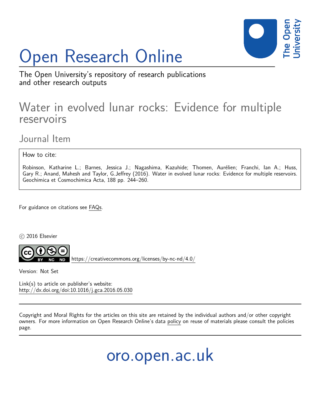 Water in Evolved Lunar Rocks: Evidence for Multiple Reservoirs Journal Item