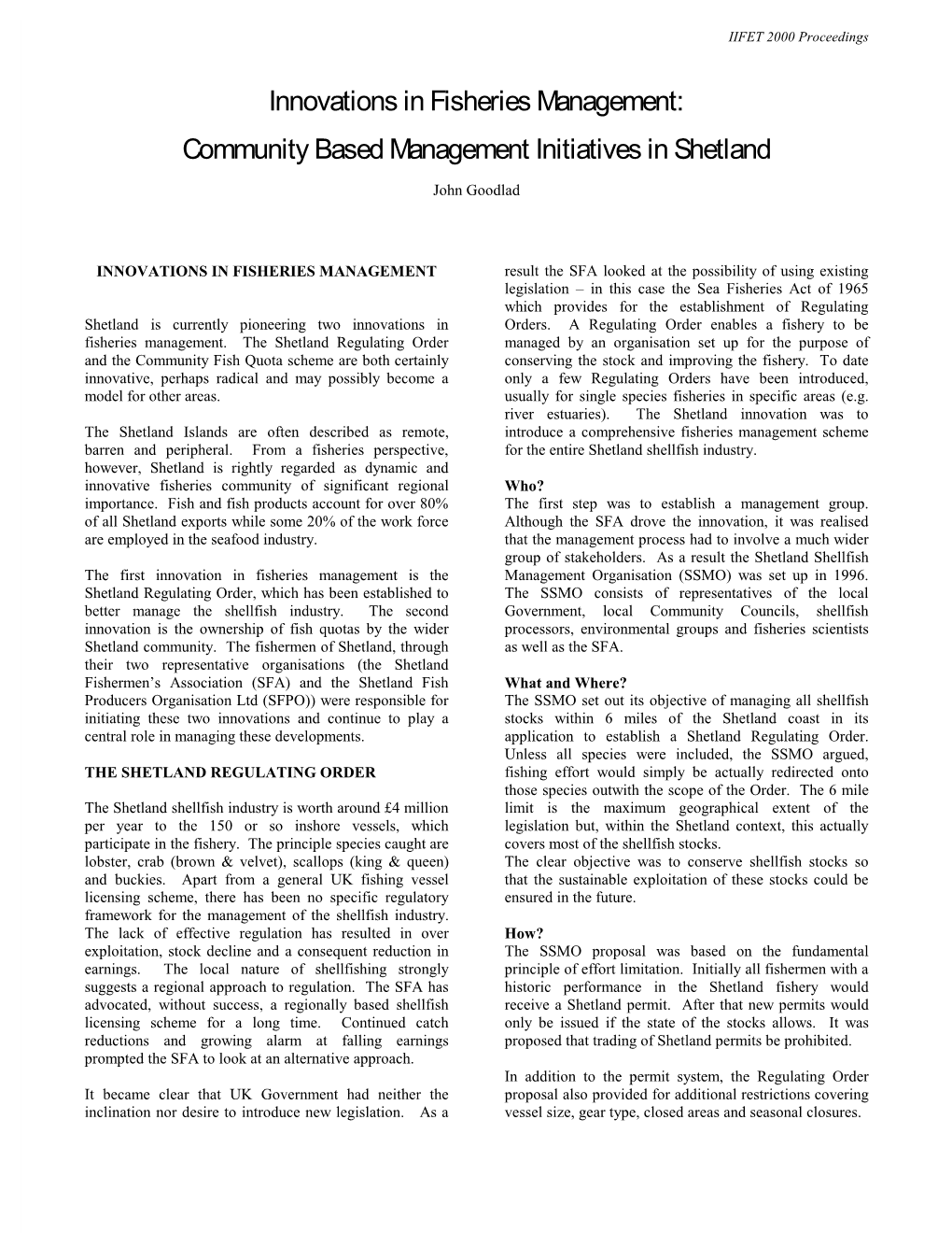 Innovations in Fisheries Management: Community Based