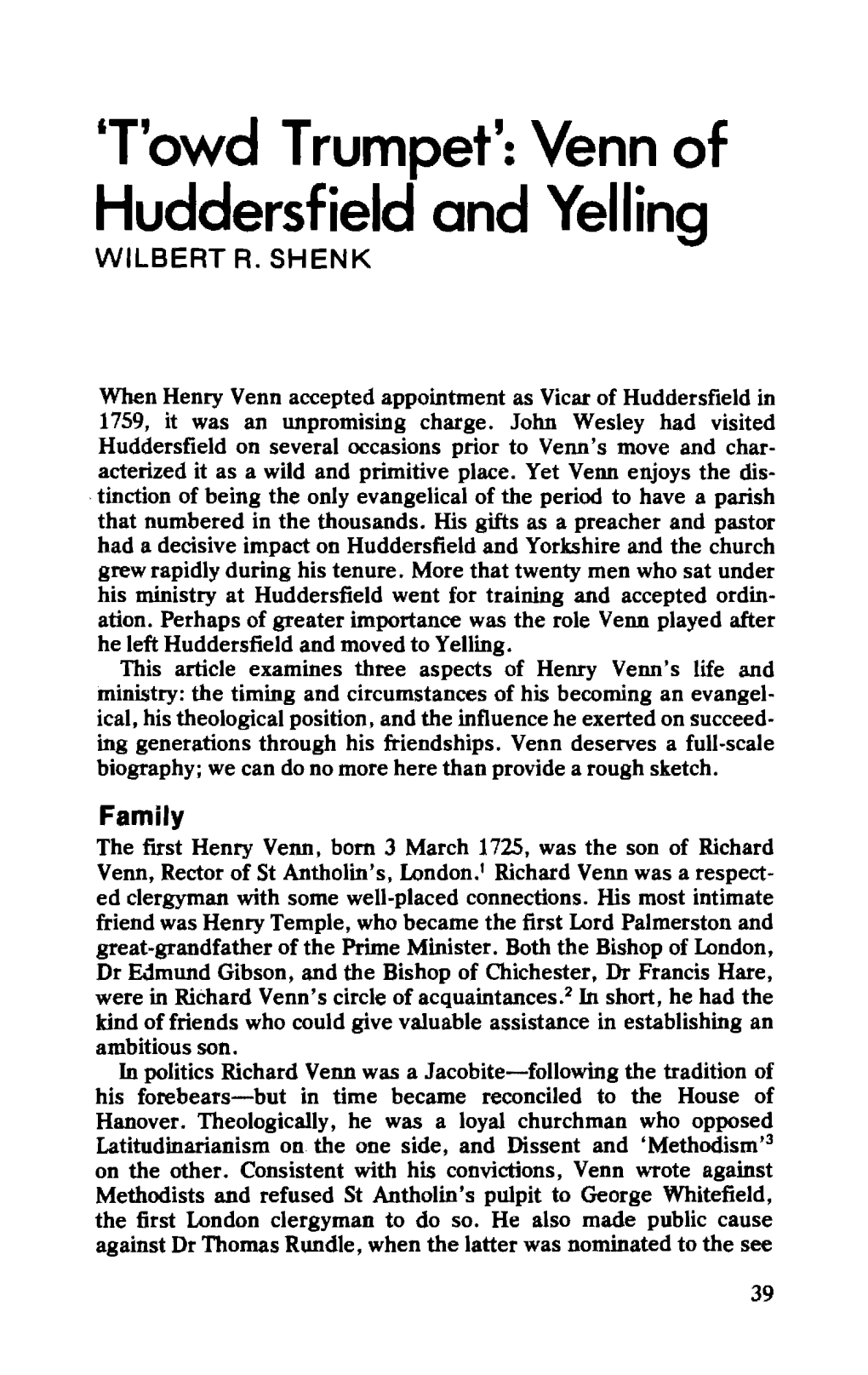 "'T'owd Trumpet': Venn of Huddersfield and Yelling," Churchman 93.1