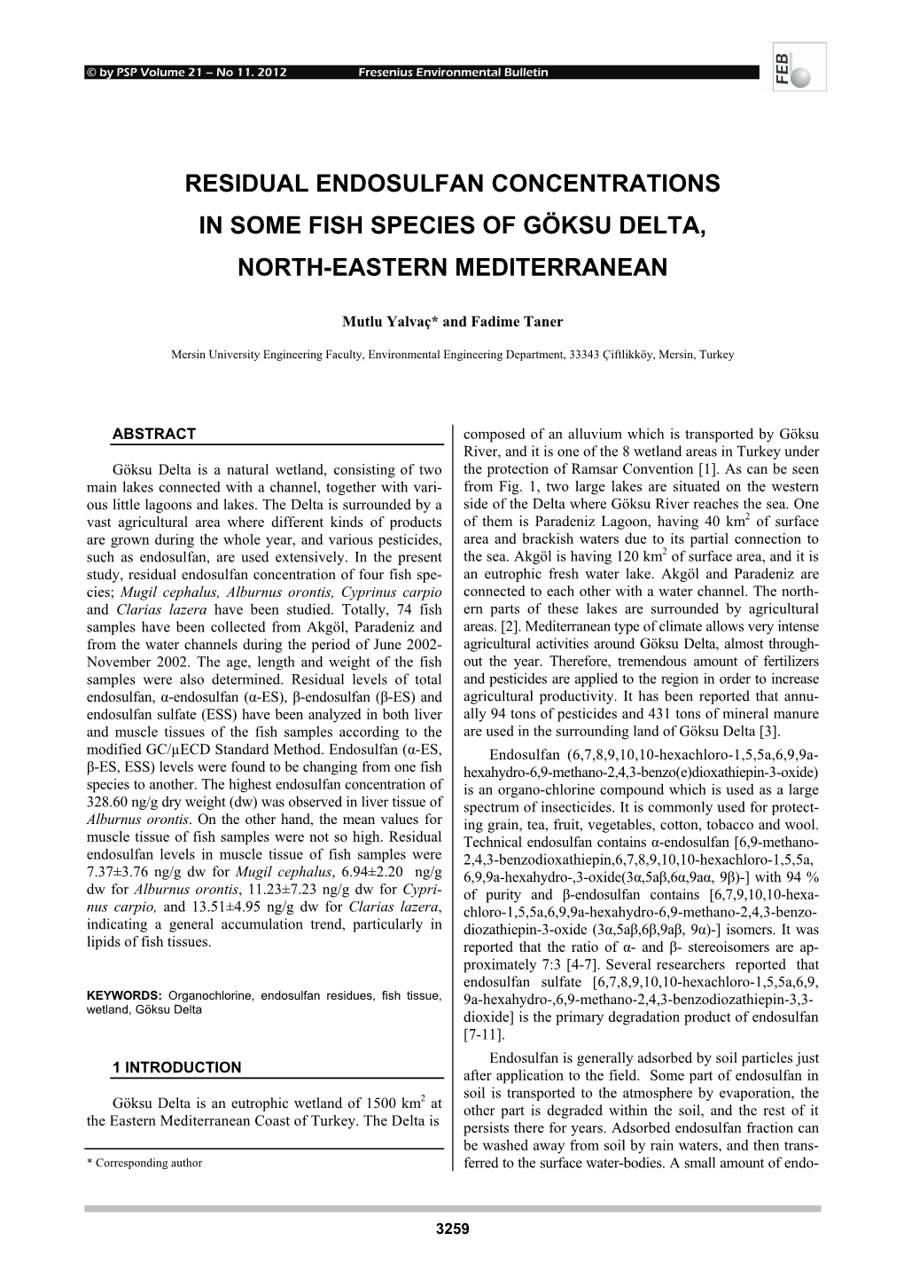 Residual Endosulfan Concentrations in Some Fish Species of Göksu Delta, North-Eastern Mediterranean