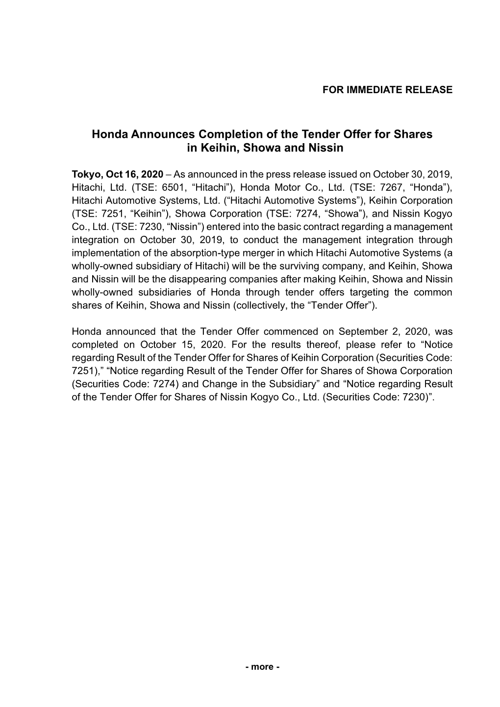 Honda Announces Completion of the Tender Offer for Shares in Keihin, Showa and Nissin