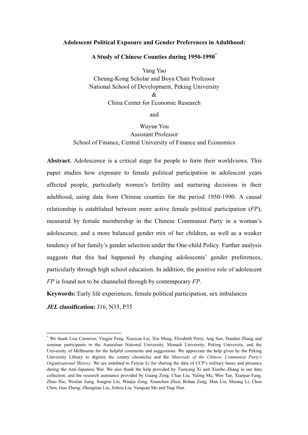 Adolescent Political Exposure and Gender Preferences in Adulthood