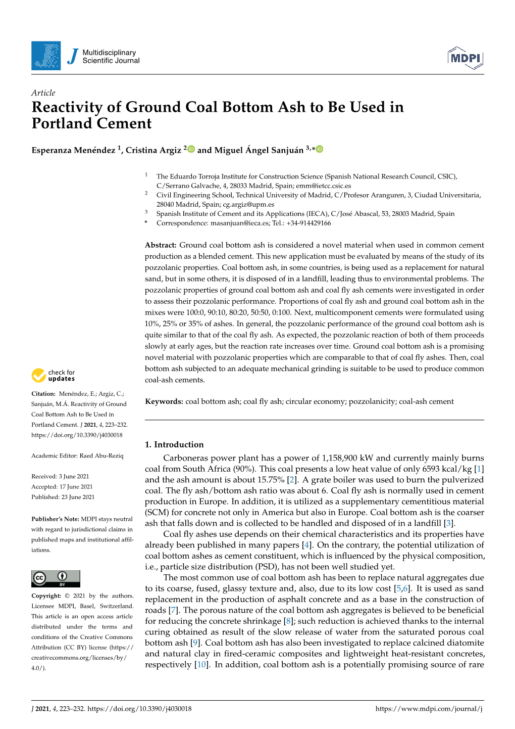 Reactivity of Ground Coal Bottom Ash to Be Used Inportland Cement