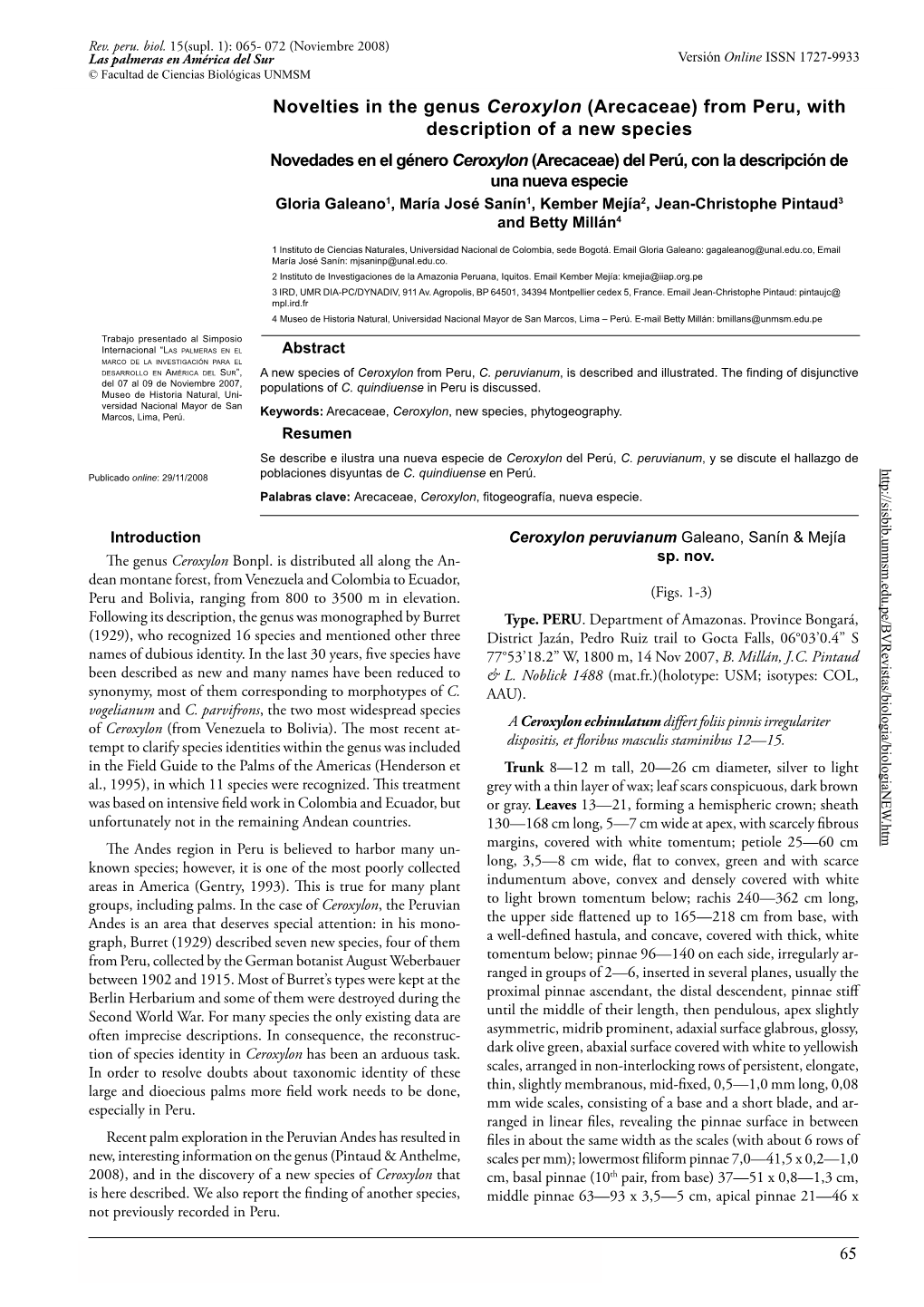 Novelties in the Genus Ceroxylon (Arecaceae) from Peru, with Description of a New Species