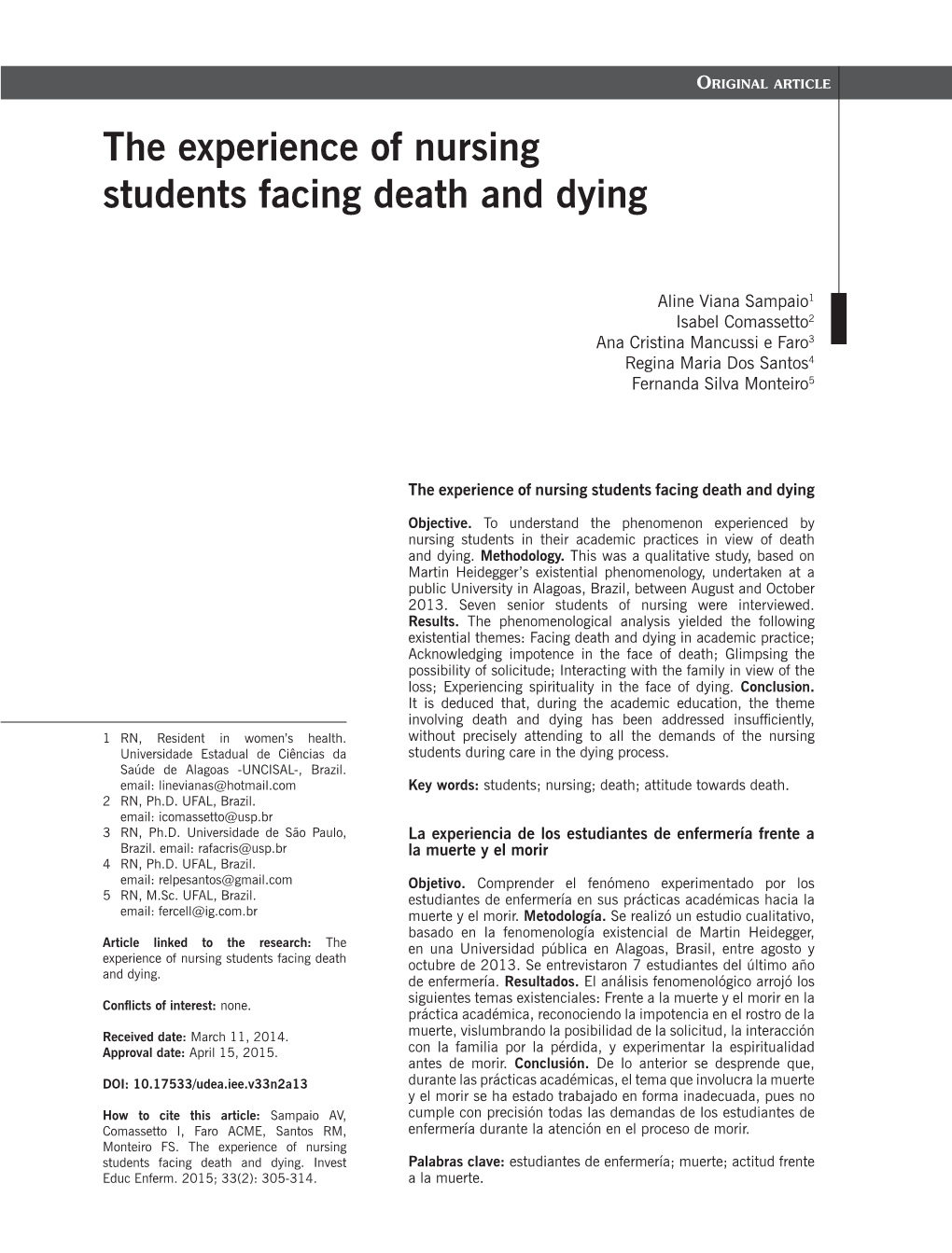 The Experience of Nursing Students Facing Death and Dying