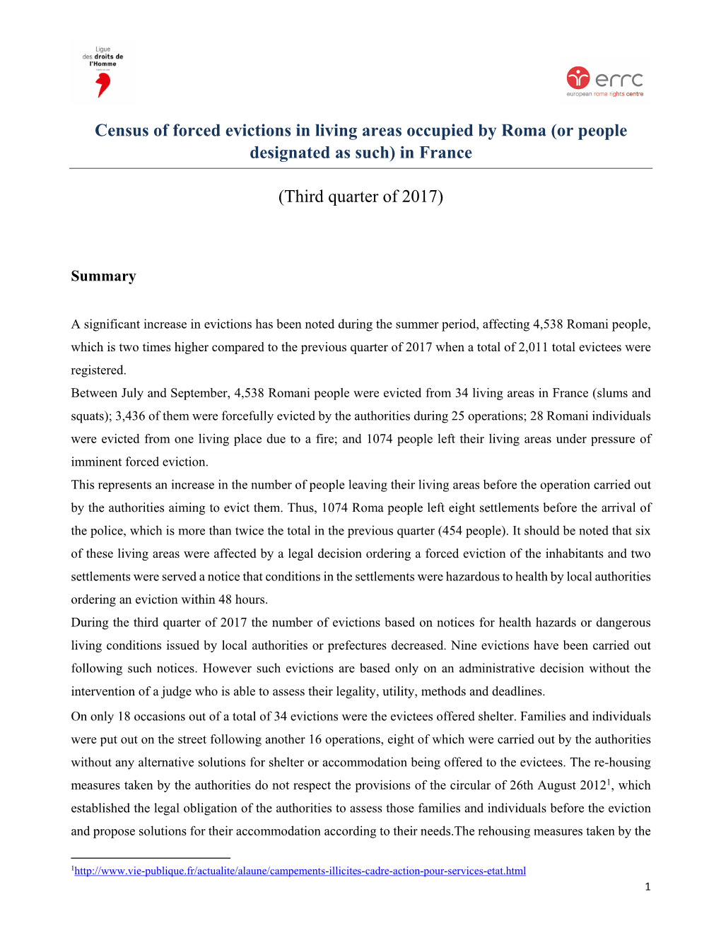 Census of Forced Evictions in Living Areas Occupied by Roma (Or People Designated As Such) in France