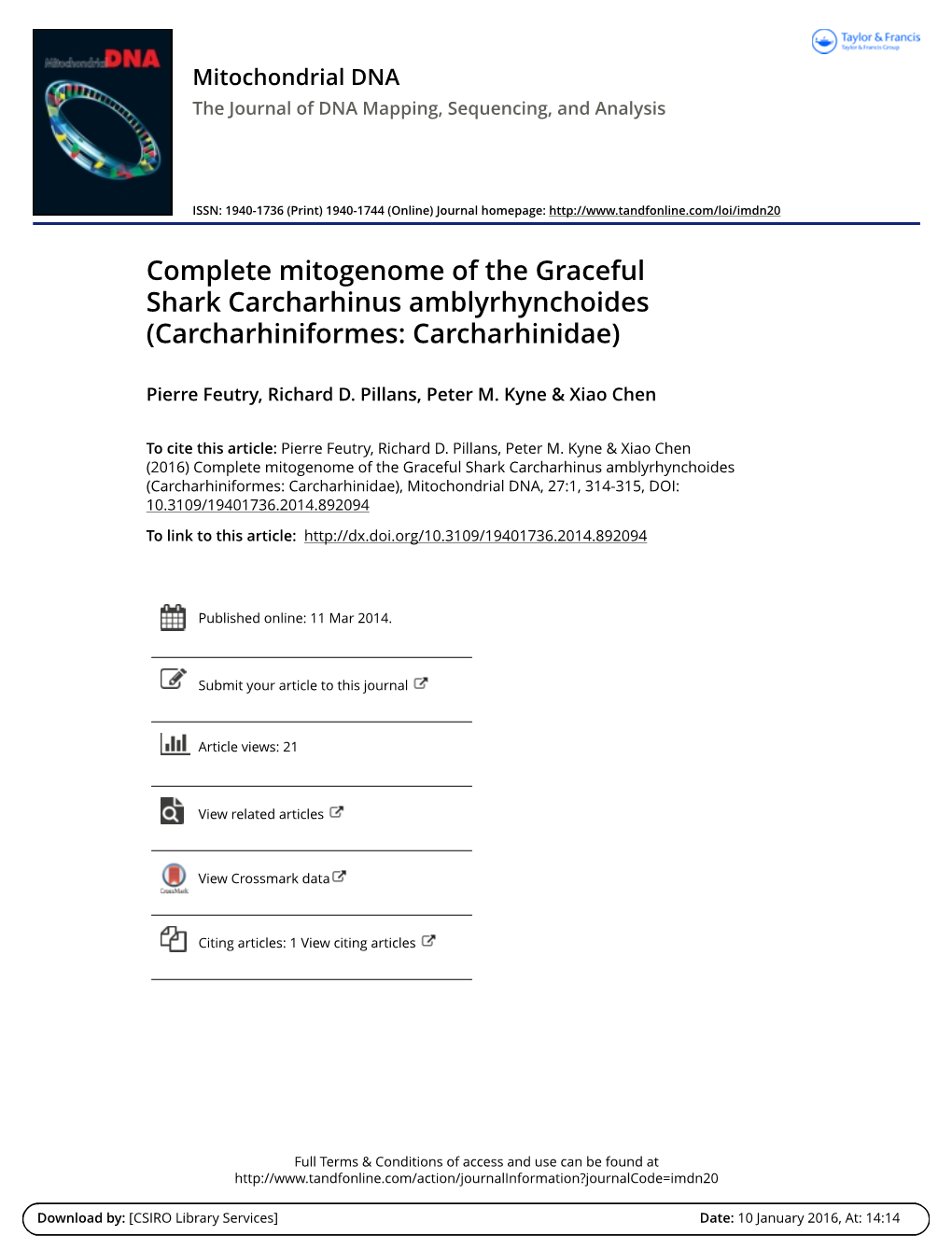 Complete Mitogenome of the Graceful Shark Carcharhinus Amblyrhynchoides (Carcharhiniformes: Carcharhinidae)