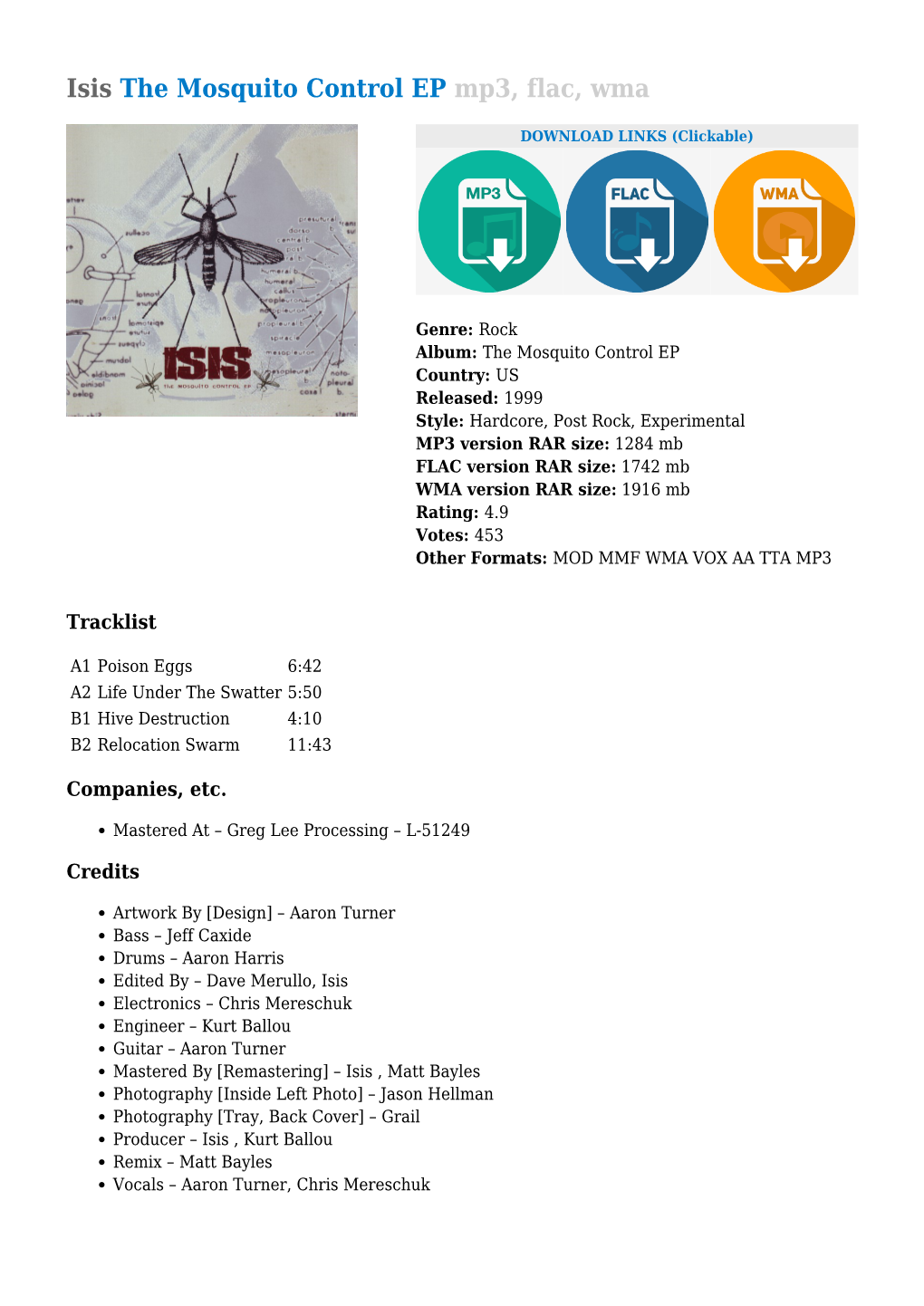 Isis the Mosquito Control EP Mp3, Flac, Wma