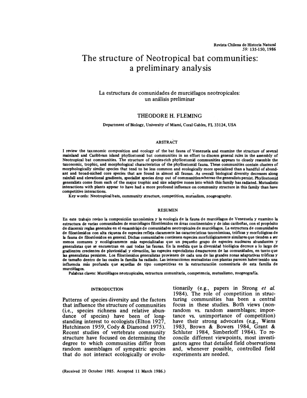 The Structure of Neotropical Bat Communities: a Preliminary Analysis