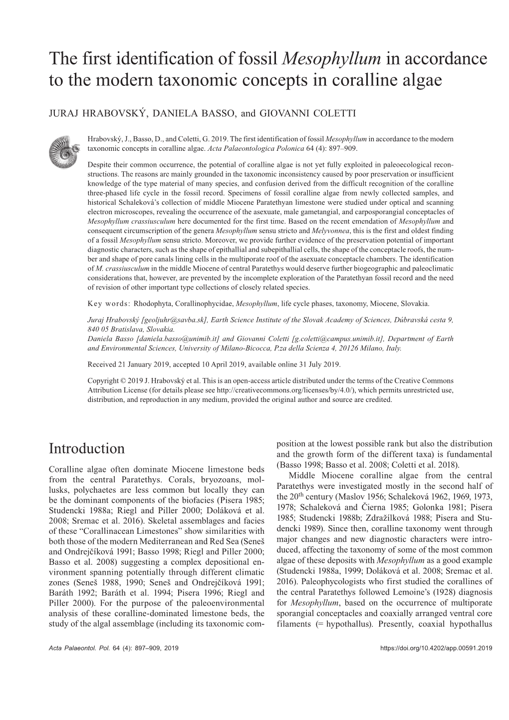 The First Identification of Fossil Mesophyllum in Accordance to the Modern Taxonomic Concepts in Coralline Algae