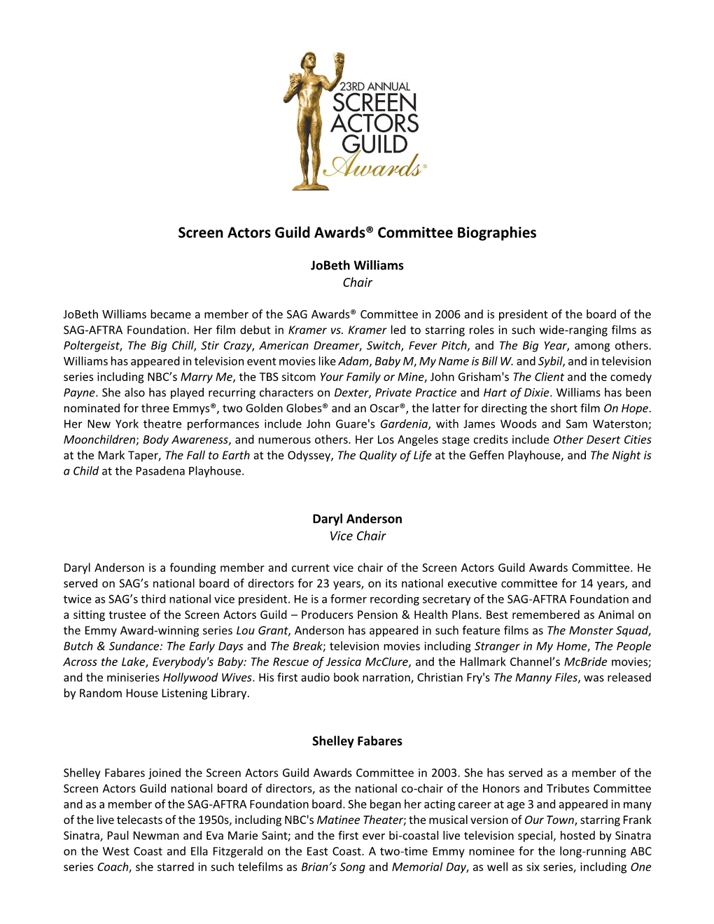 Screen Actors Guild Awards® Committee Biographies