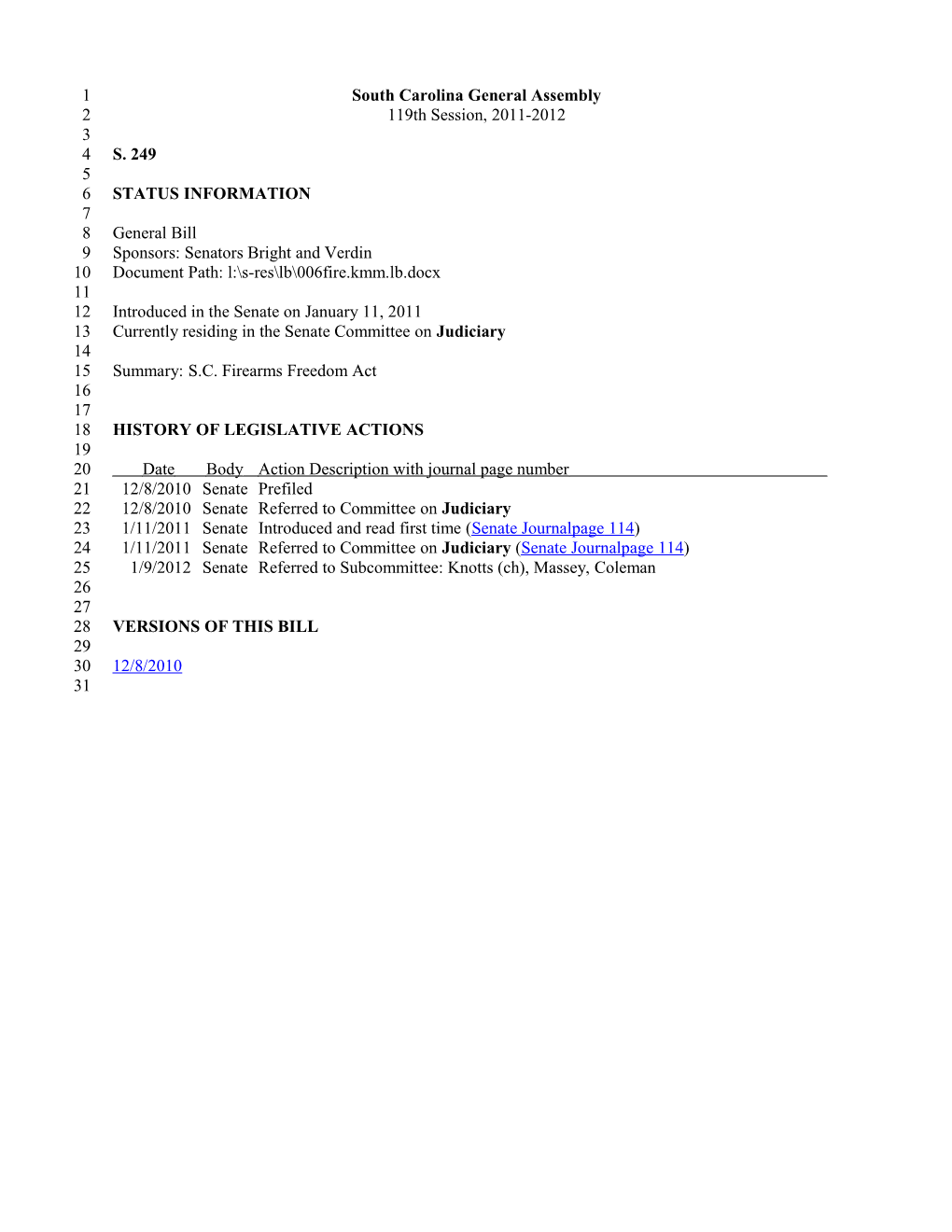 2011-2012 Bill 249: S.C. Firearms Freedom Act - South Carolina Legislature Online