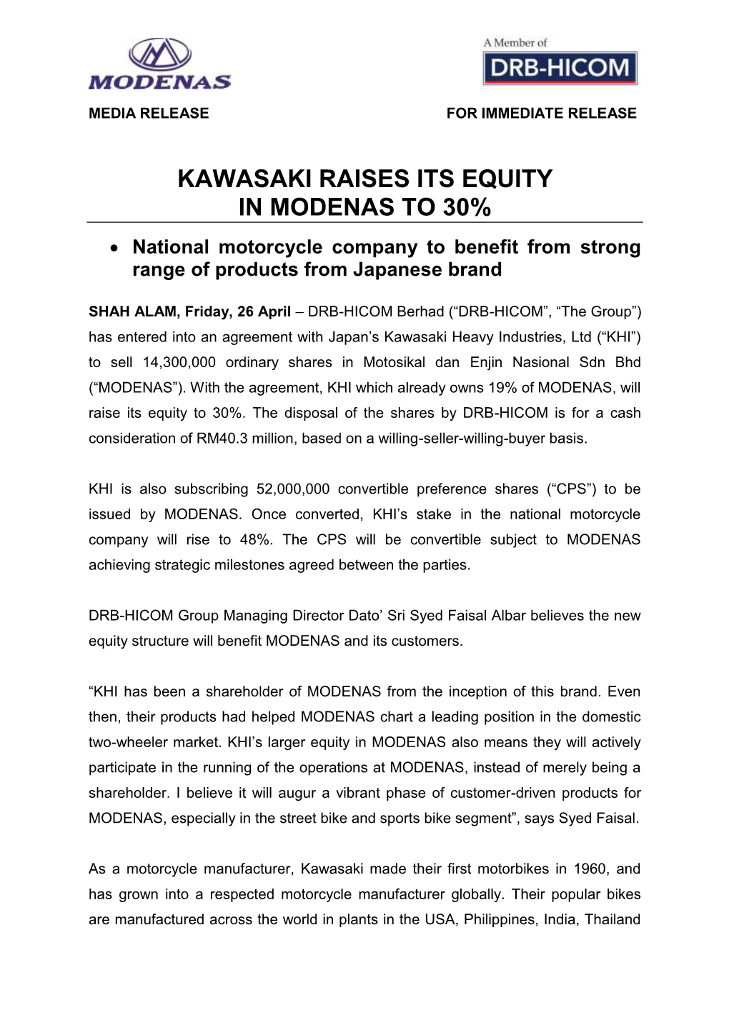 Kawasaki Raises Its Equity in Modenas to 30%