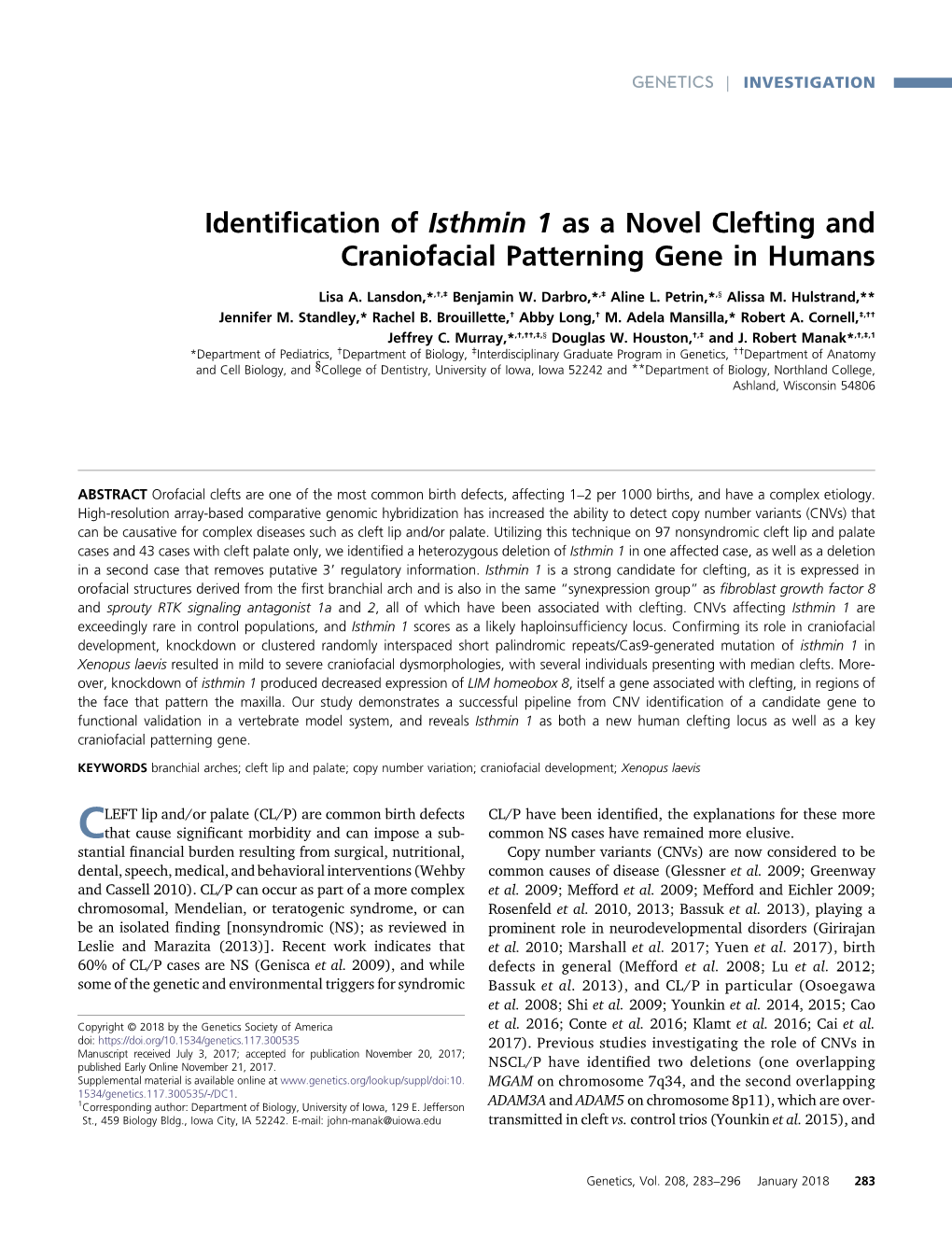 Identification of Isthmin 1 As a Novel Clefting and Craniofacial Patterning