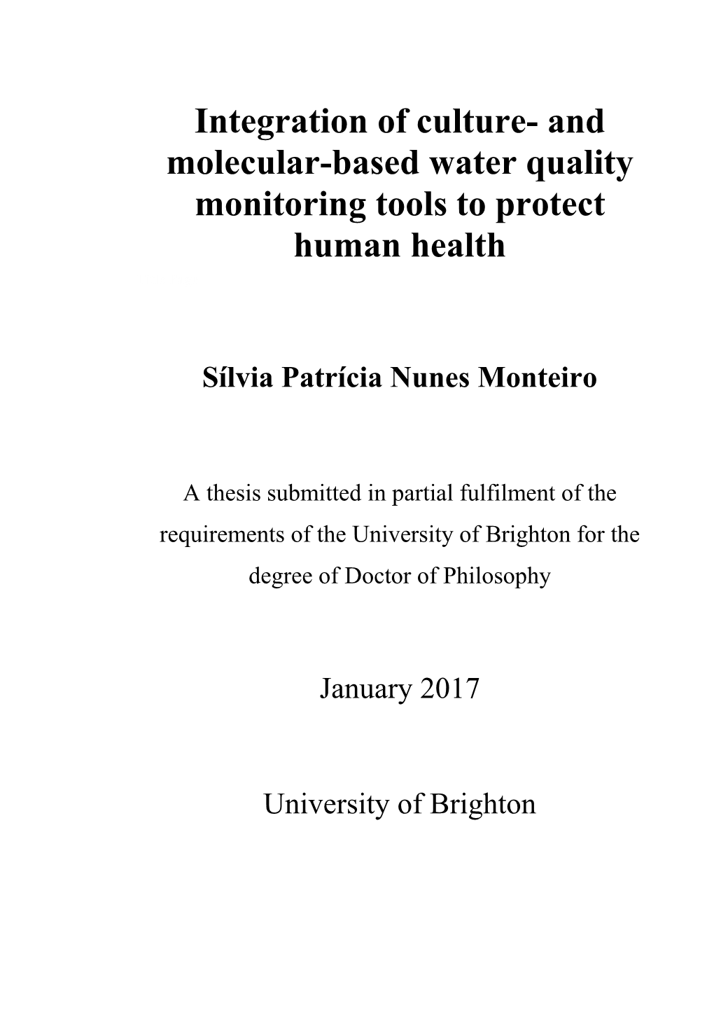 Integration of Culture- and Molecular-Based Water Quality Monitoring Tools to Protect Human Health Title Page