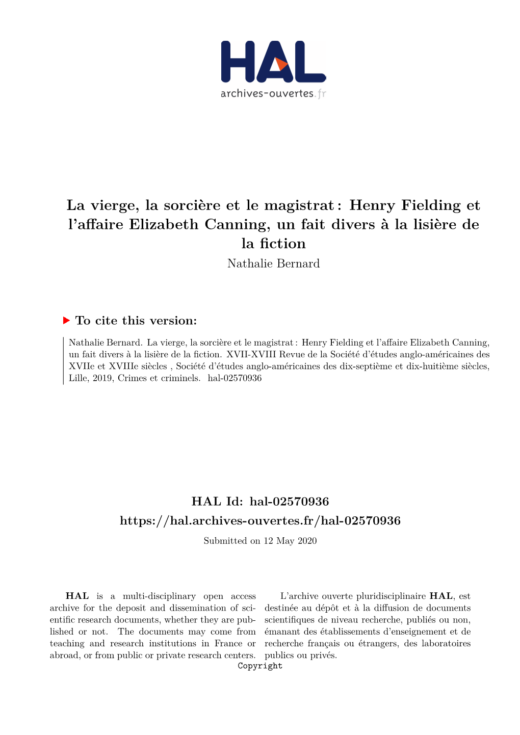 Henry Fielding Et L'affaire Elizabeth Canning, Un Fait Divers À La Lisière