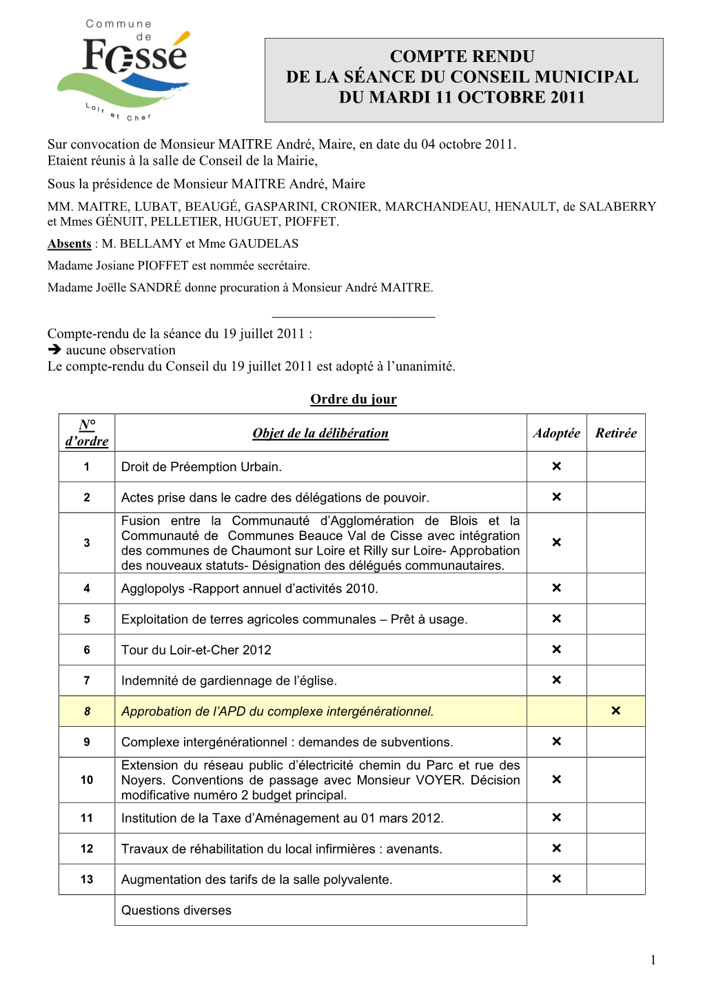 Compte Rendu De La Séance Du Conseil Municipal Du Mardi 11 Octobre 2011