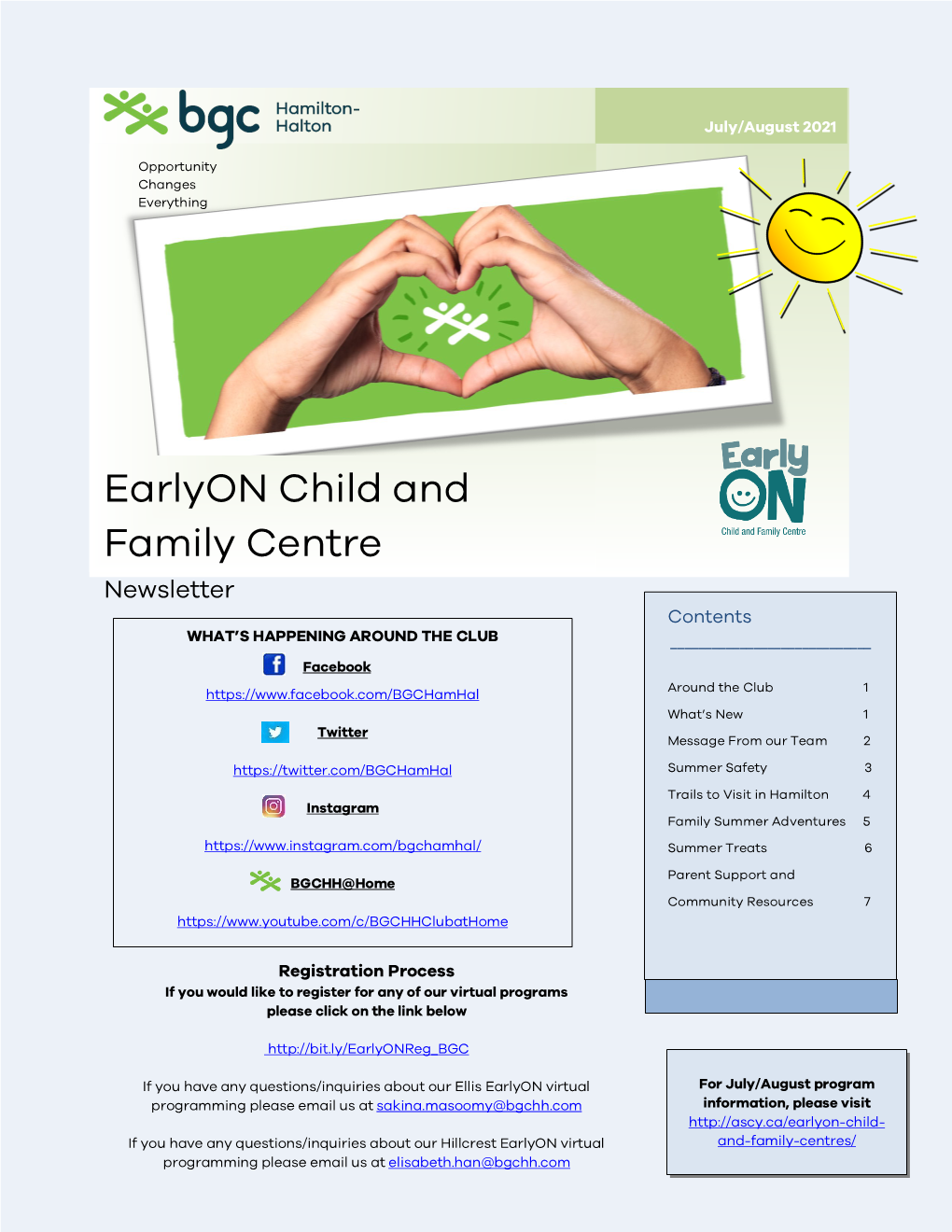 Earlyon Child and Family Centre Newsletter Contents