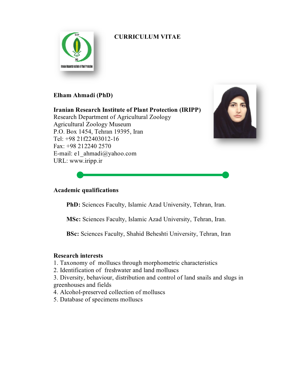 Phd) Iranian Research Institute of Plant Protection (IRIPP