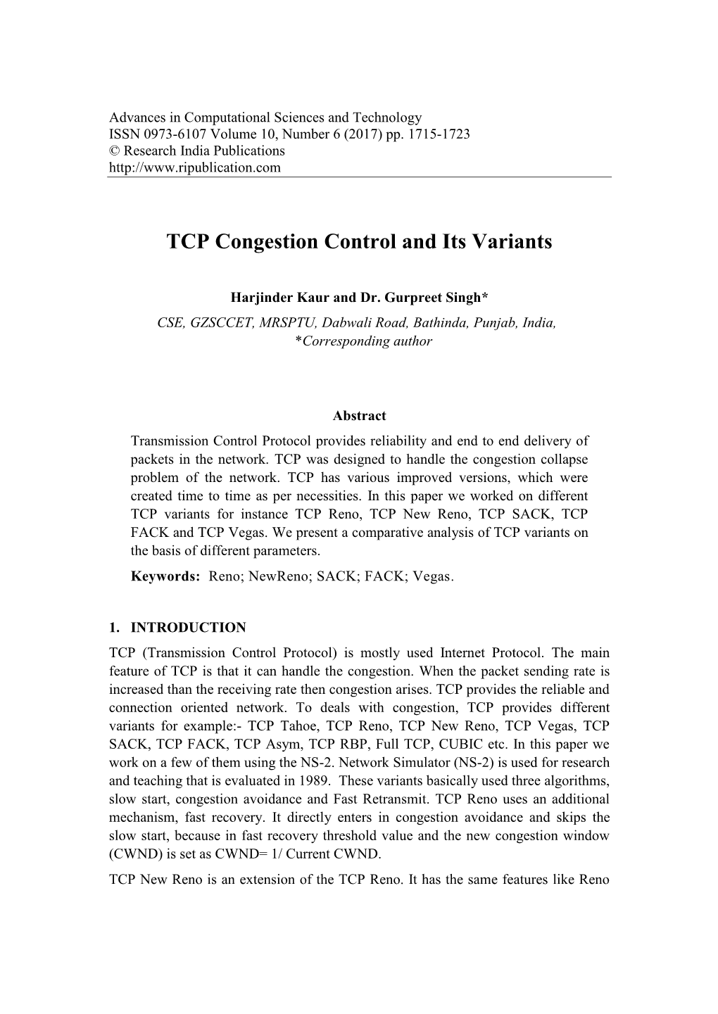 TCP Congestion Control and Its Variants