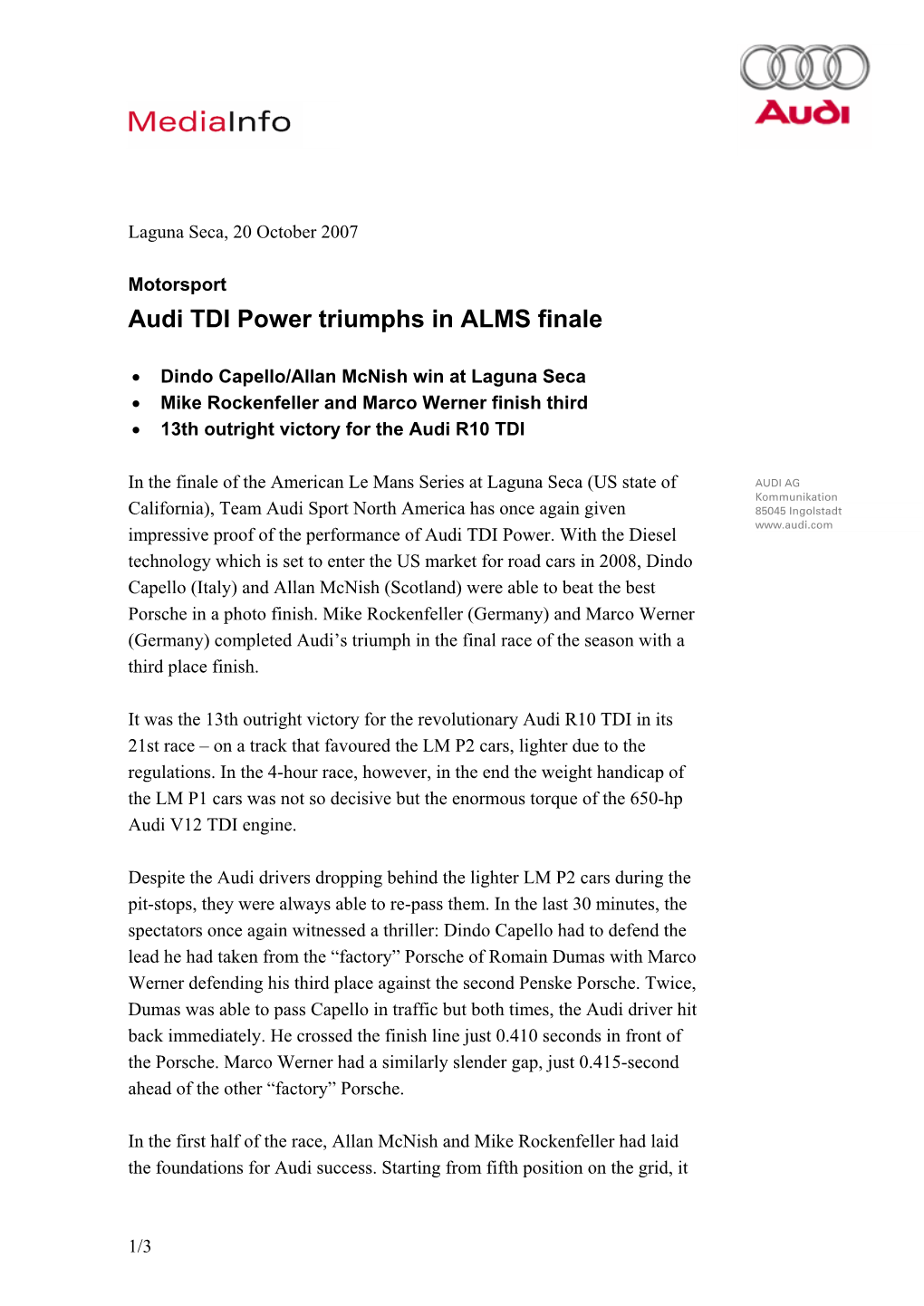Audi TDI Power Triumphs in ALMS Finale