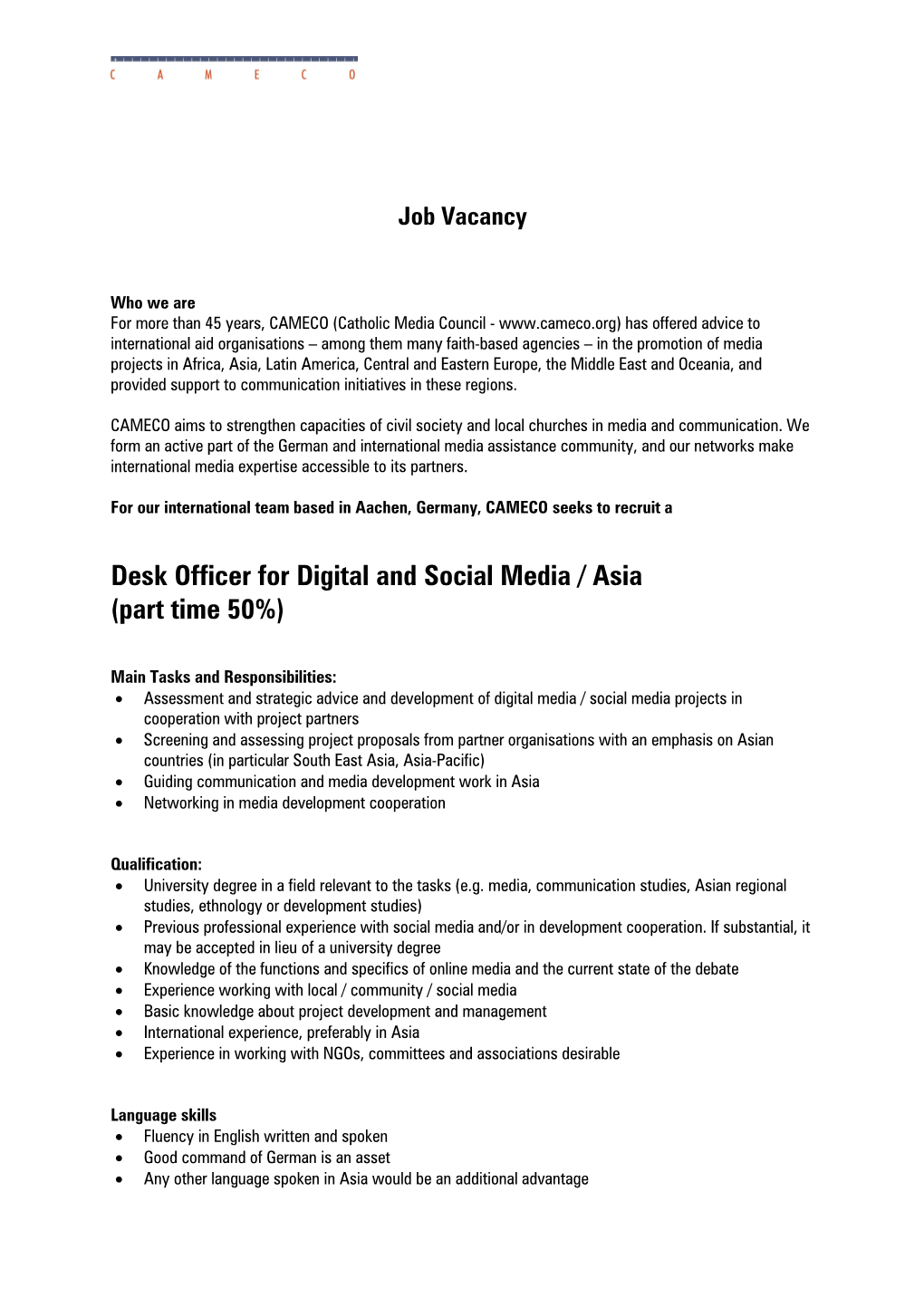 Desk Officer for Digital and Social Media / Asia (Part Time 50%)