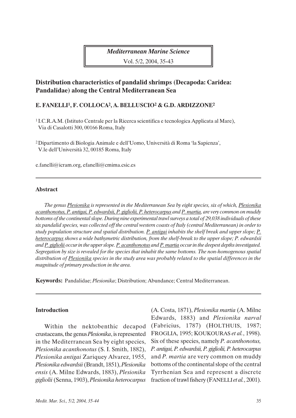 Distribution Characteristics of Pandalid Shrimps (Decapoda: Caridea: Pandalidae) Along the Central Mediterranean Sea