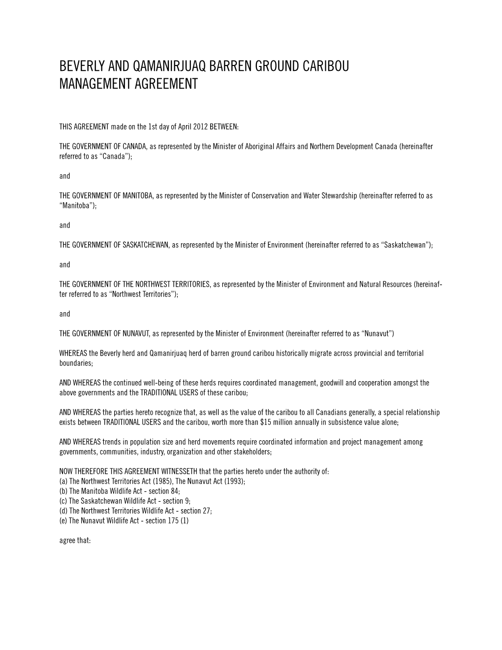 Beverly and Qamanirjuaq Barren Ground Caribou Management Agreement
