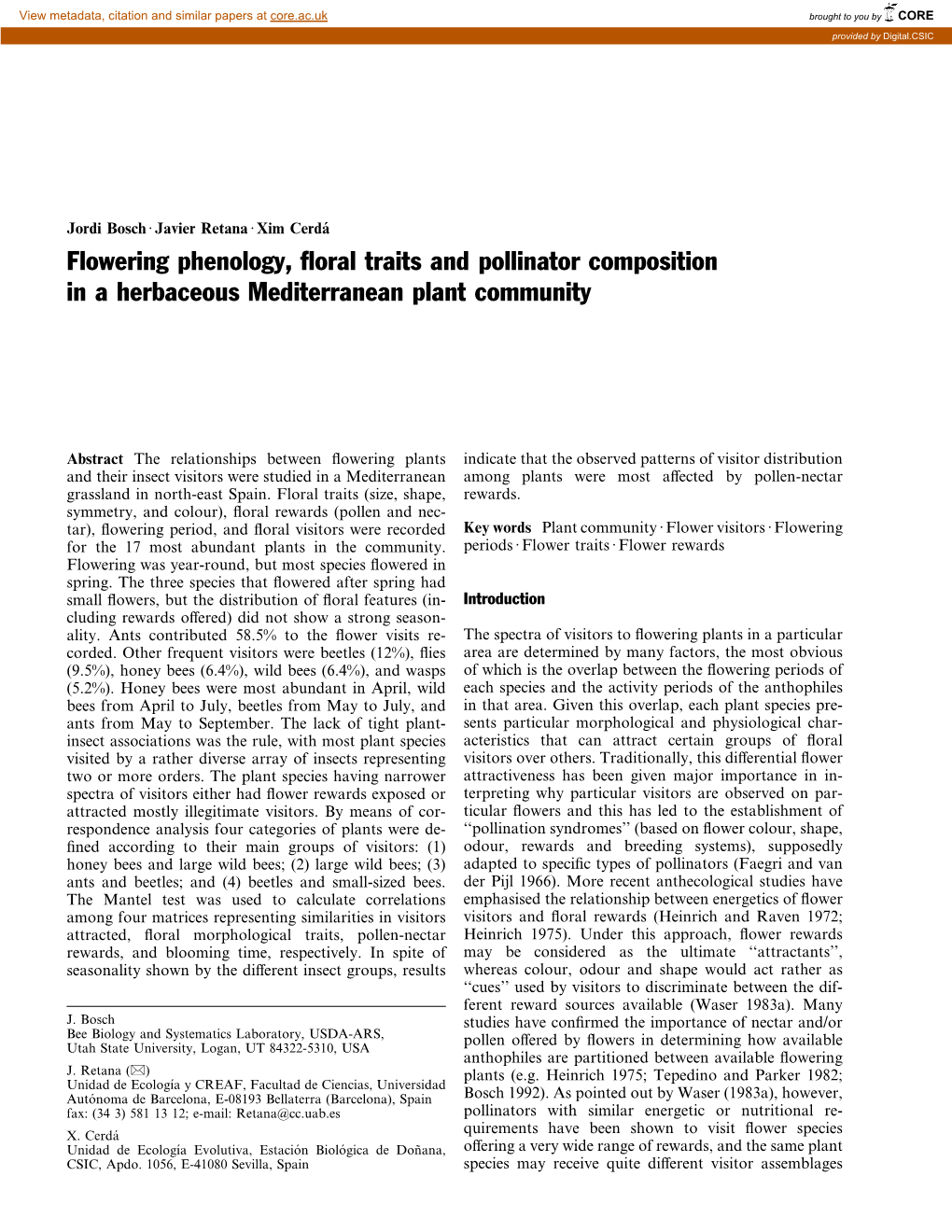 Flowering Phenology, Floral Traits and Pollinator Composition in A