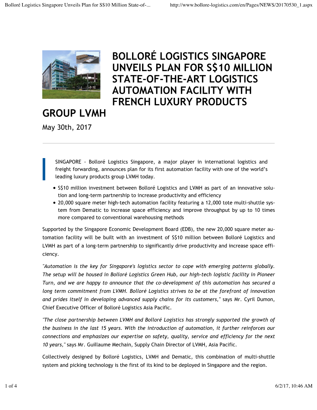 Bolloré Logistics Singapore Unveils Plan for S$10 Million State-Of