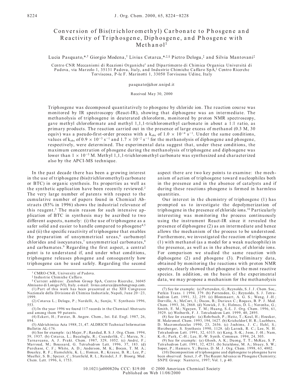 Conversion of Bis(Trichloromethyl) Carbonate to Phosgene and Reactivity of Triphosgene, Diphosgene, and Phosgene with Methanol1