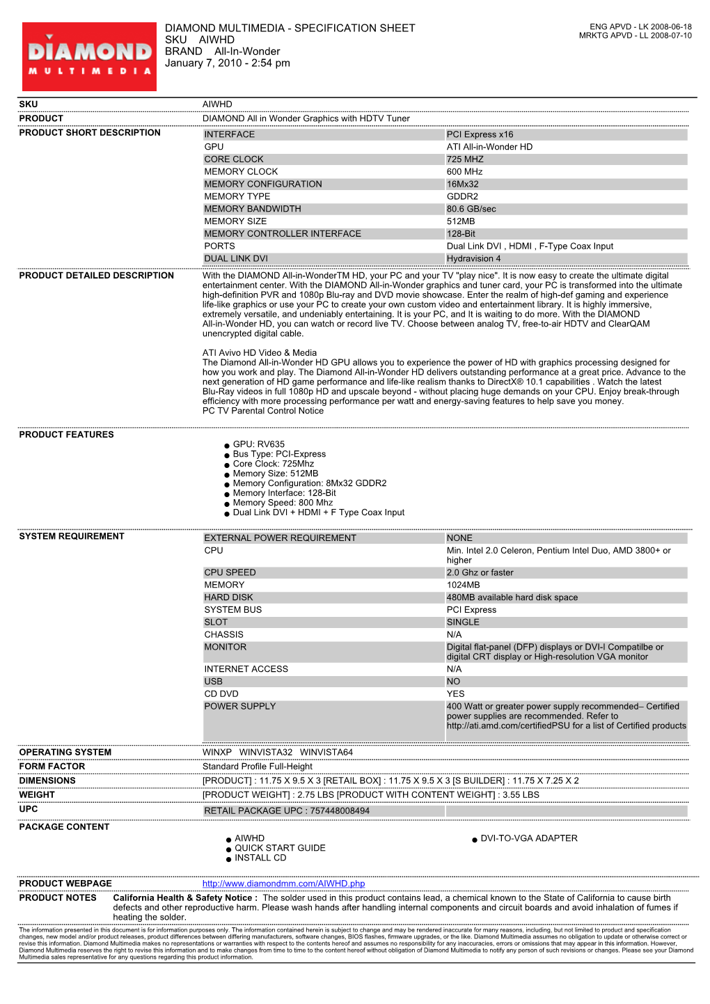 SPECIFICATION SHEET SKU AIWHD BRAND All