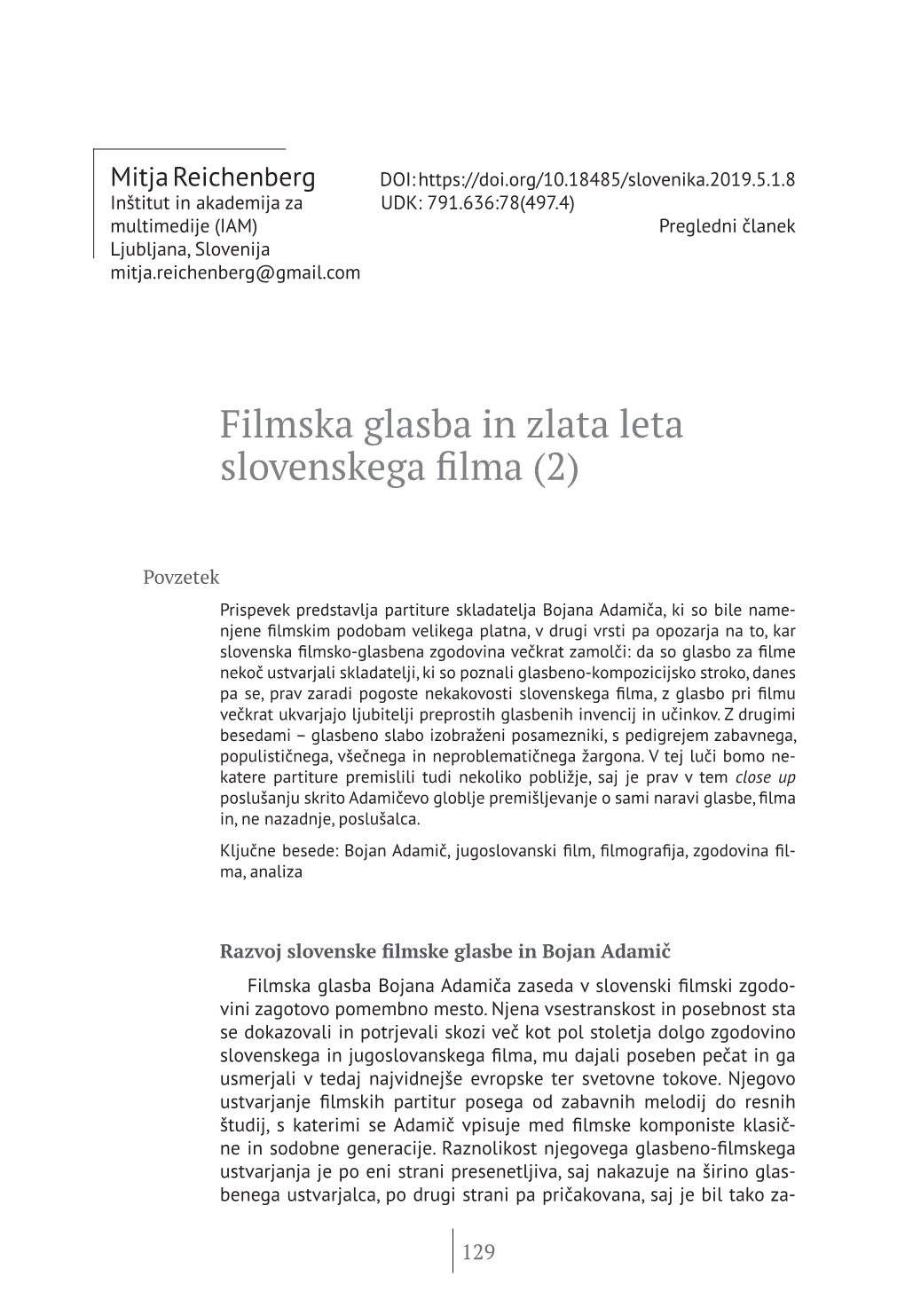 Filmska Glasba in Zlata Leta Slovenskega Filma (2)