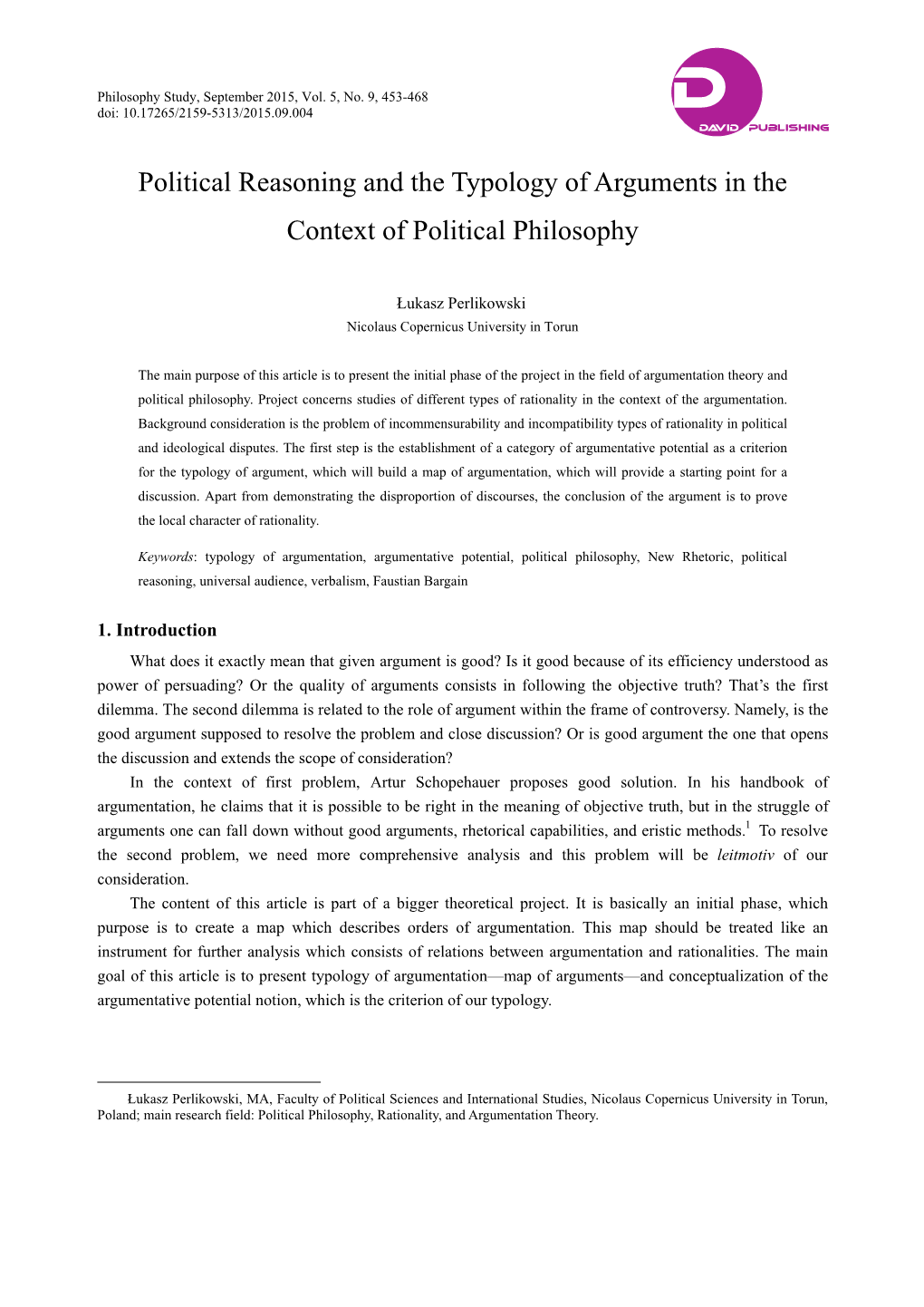 Political Reasoning and the Typology of Arguments in the Context of Political Philosophy