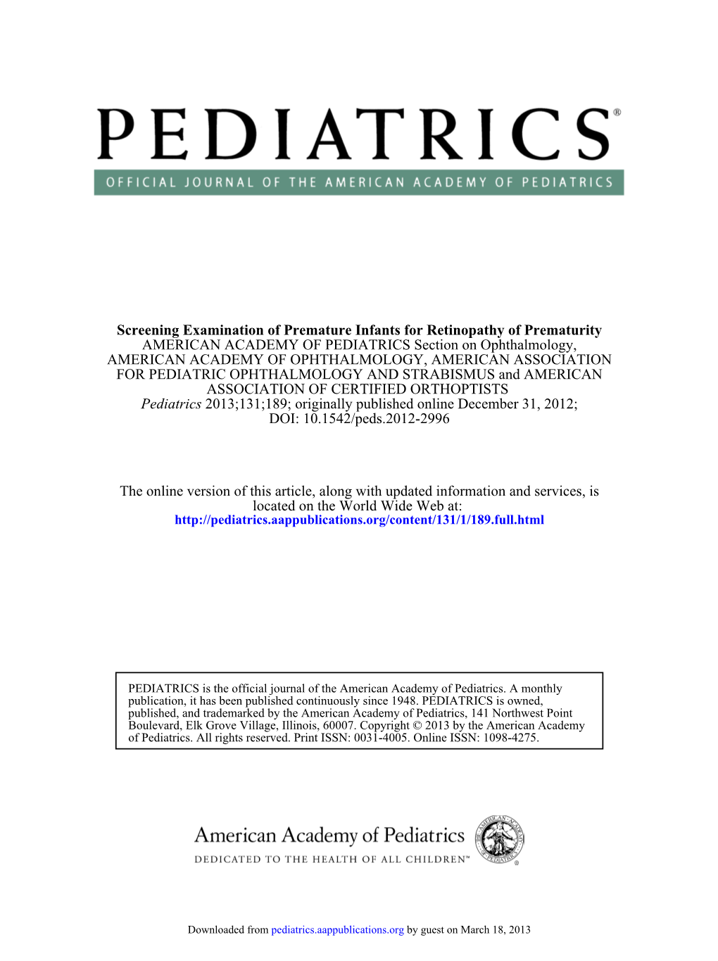 DOI: 10.1542/Peds.2012-2996 ; Originally Published Online