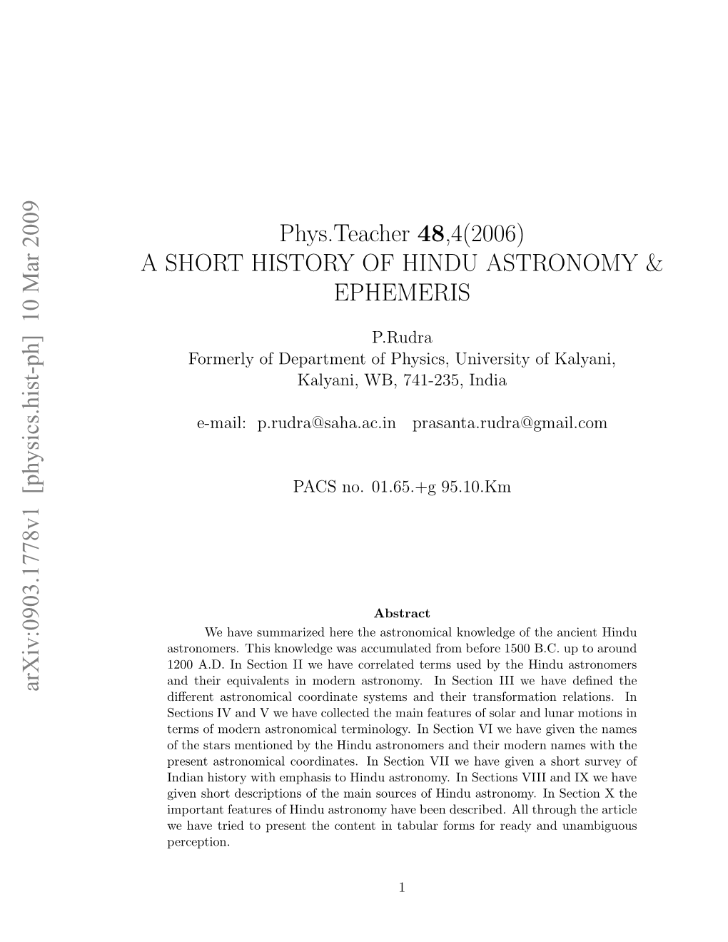 A Short History of Hindu Astronomy & Ephemeris