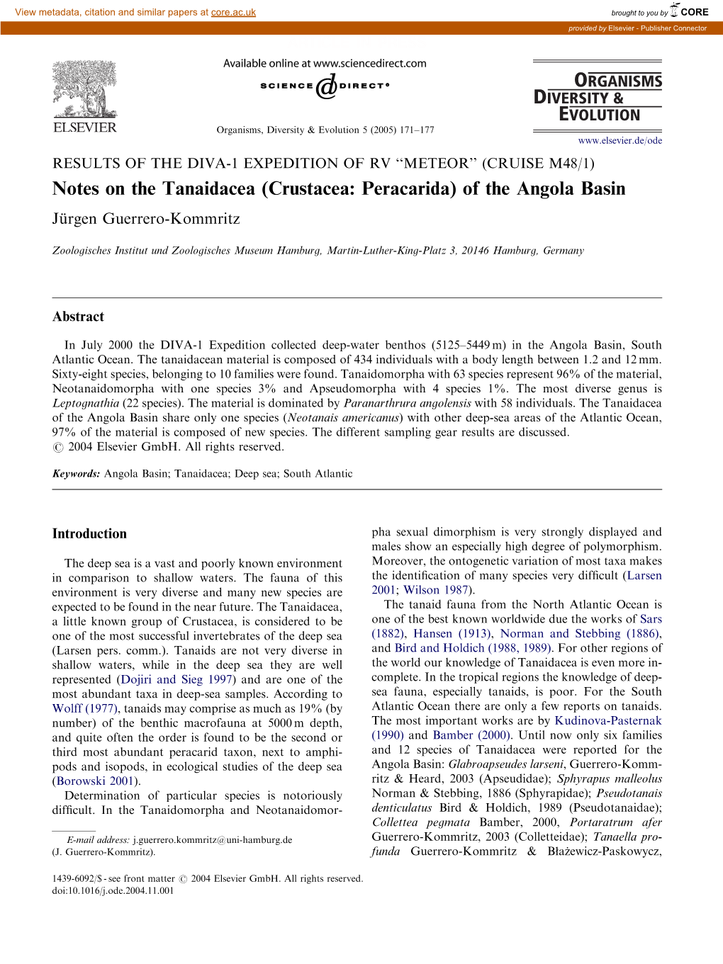 Notes on the Tanaidacea (Crustacea: Peracarida) of the Angola Basin Ju¨ Rgen Guerrero-Kommritz