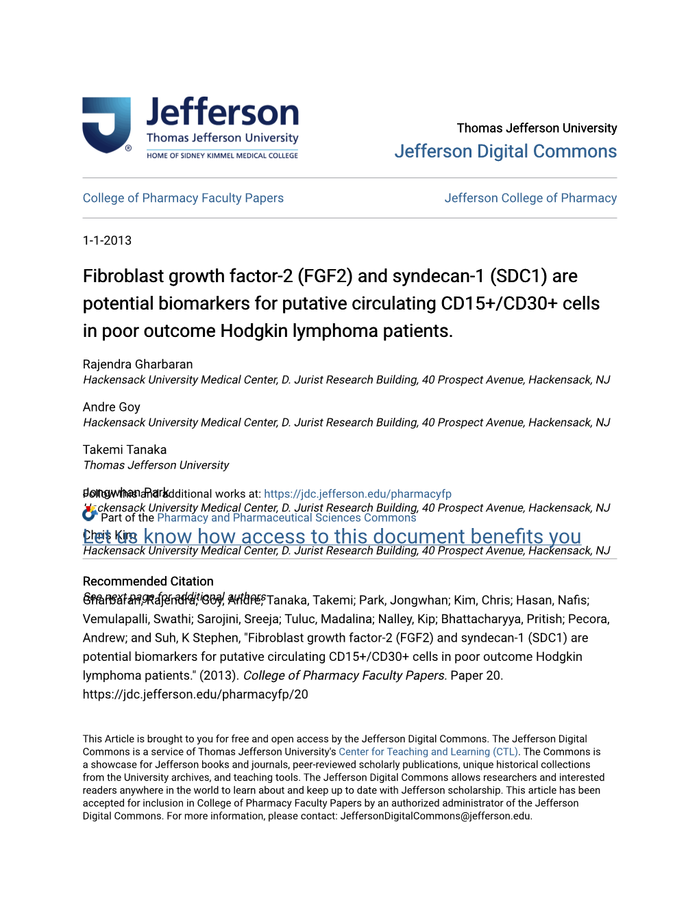 Fibroblast Growth Factor-2 (FGF2) and Syndecan-1 (SDC1) Are Potential Biomarkers for Putative Circulating CD15+/CD30+ Cells in Poor Outcome Hodgkin Lymphoma Patients