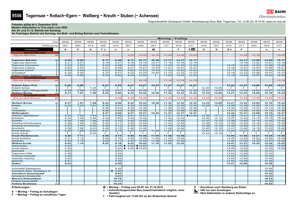 9556 Tegernsee − Rottach−Egern − Wallberg − Kreuth − Stuben (− Achensee) % Regionalverkehr Oberbayern Gmbh, Niederlassung West, Betr