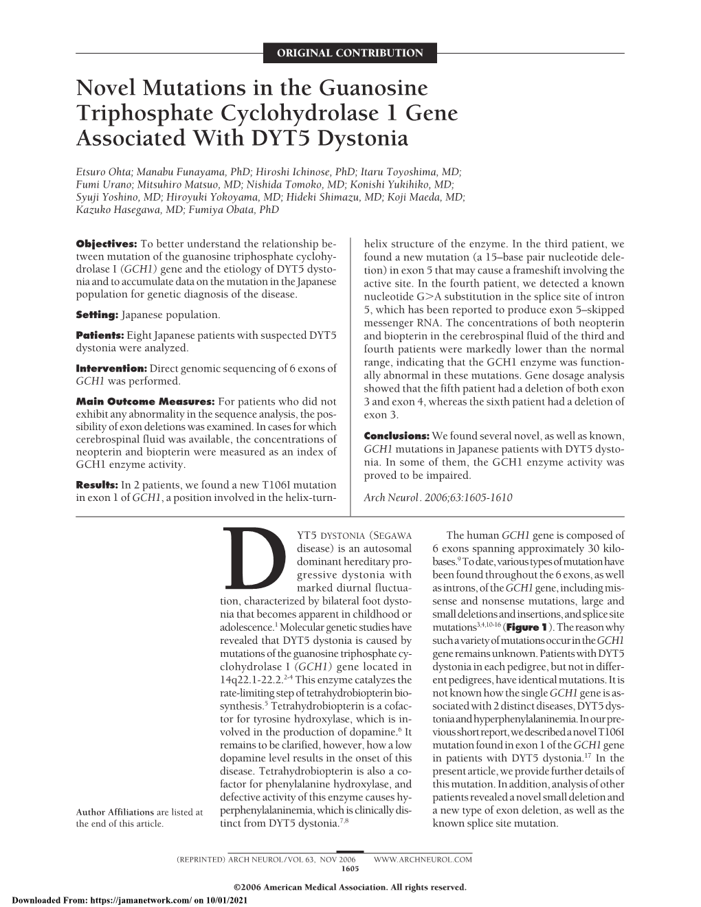 Novel Mutations in the Guanosine Triphosphate Cyclohydrolase 1 Gene Associated with DYT5 Dystonia