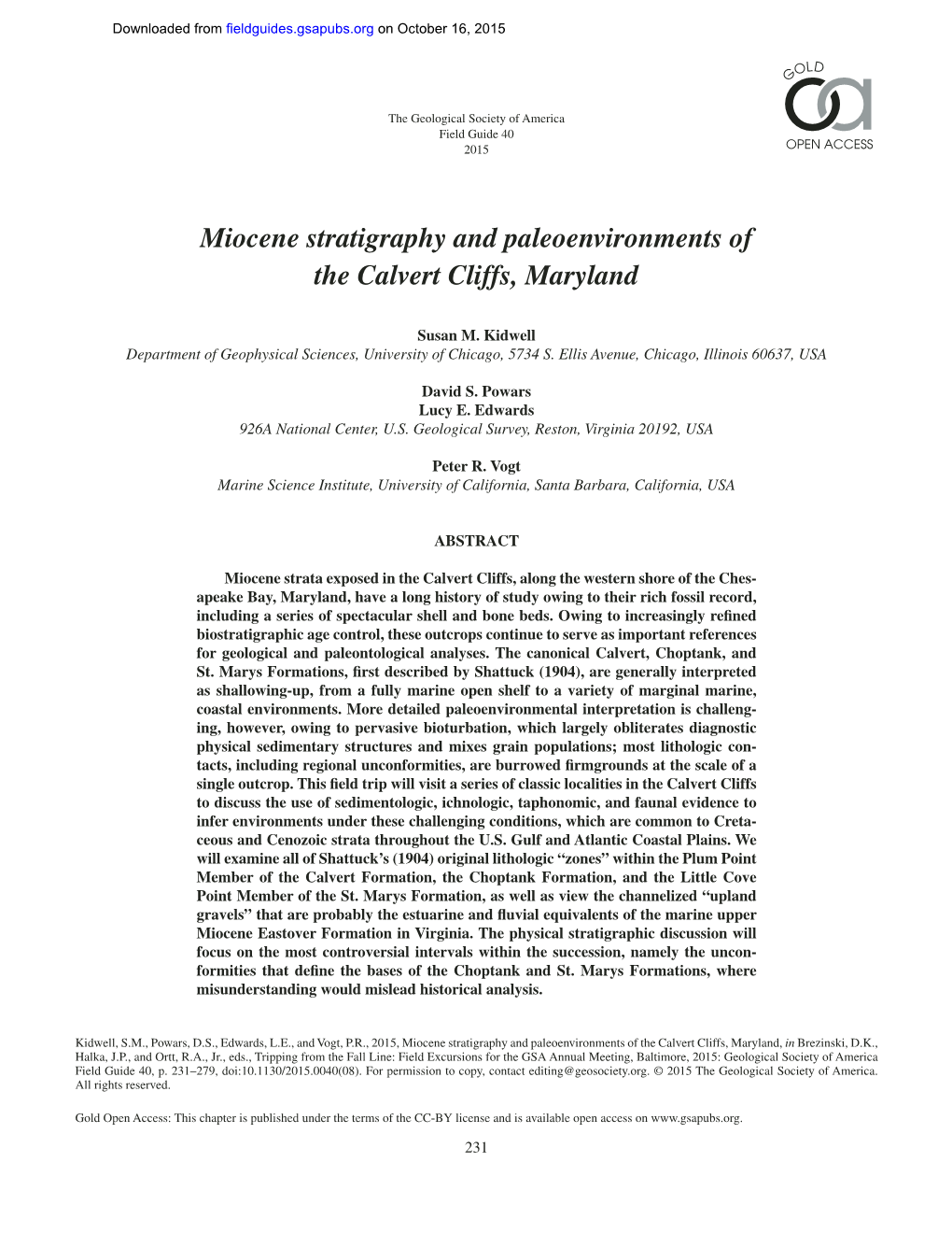 Miocene Stratigraphy and Paleoenvironments of the Calvert Cliffs, Maryland