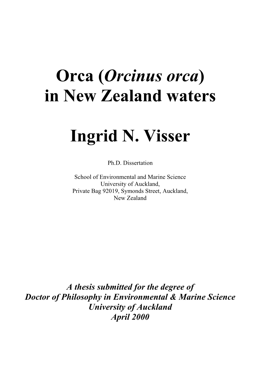 Orcinus Orca) in New Zealand Waters