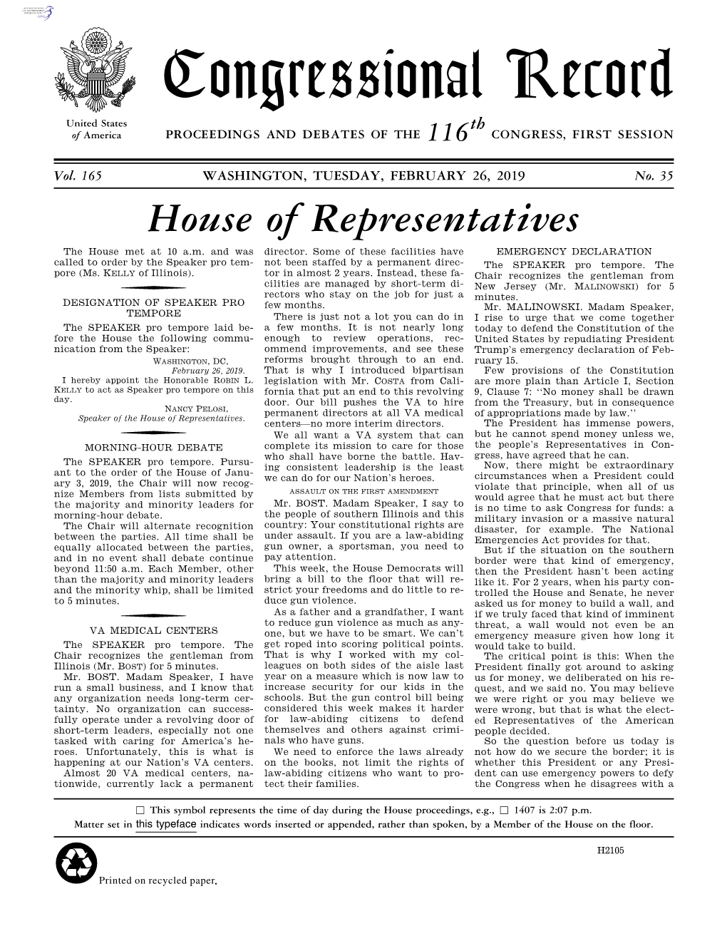 Congressional Record United States Th of America PROCEEDINGS and DEBATES of the 116 CONGRESS, FIRST SESSION