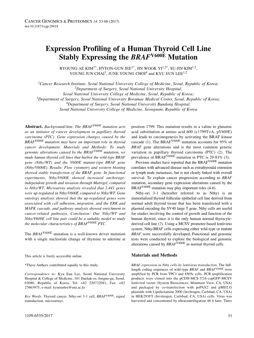 Expression Profiling of a Human Thyroid Cell Line Stably Expressing